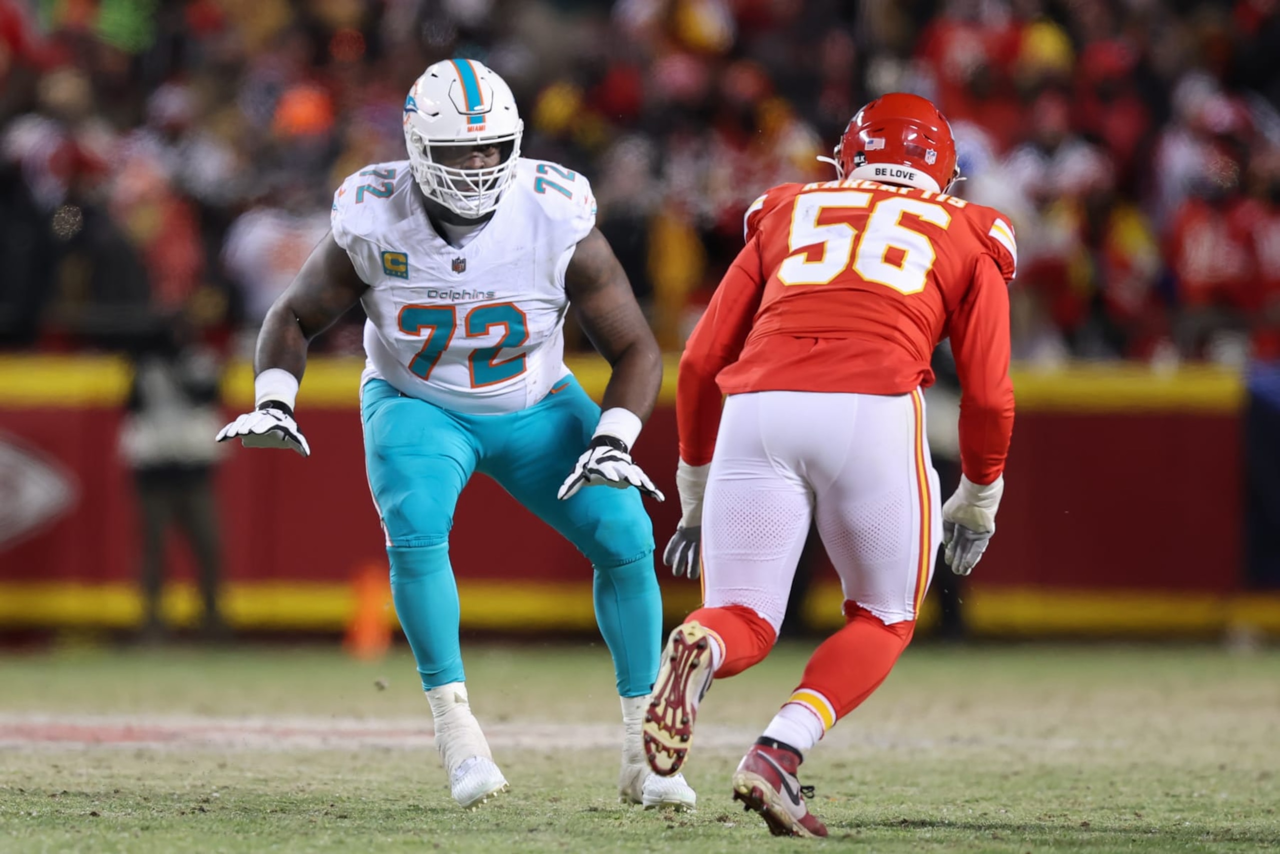 KANSAS CITY, MO - JANUARY 13: Miami Dolphins offensive tackle Terron Armstead (72) blocks Kansas City Chiefs defensive end George Karlaftis (56) in the fourth quarter of an AFC Wild Card playoff game between the Miami Dolphins and Kansas City Chiefs on Jan 13, 2024 at GEHA Field at Arrowhead Stadium in Kansas City, MO. (Photo by Scott Winters/Icon Sportswire via Getty Images)