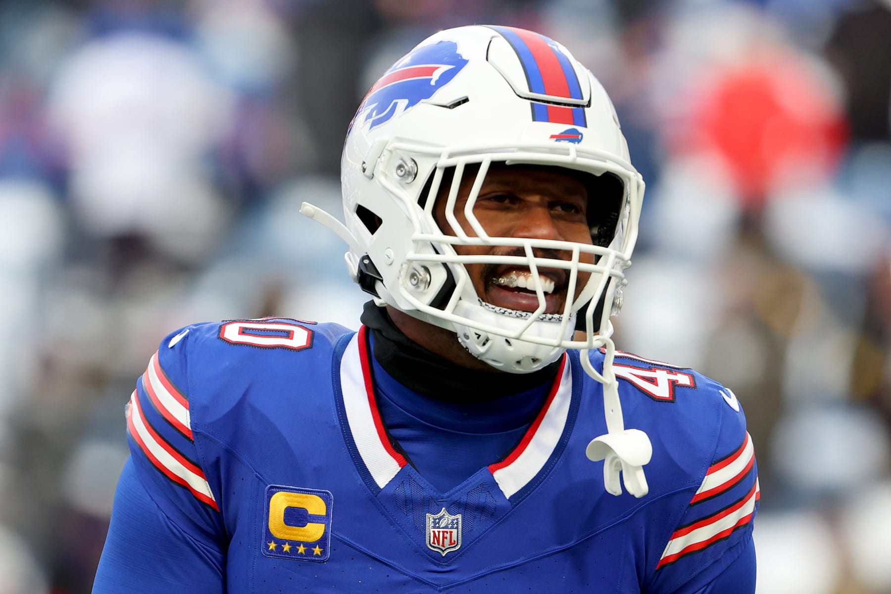 ORCHARD PARK, NEW YORK - JANUARY 15: Von Miller #40 of the Buffalo Bills warms up before the game against the Pittsburgh Steelers at Highmark Stadium on January 15, 2024 in Orchard Park, New York. (Photo by Timothy T Ludwig/Getty Images)