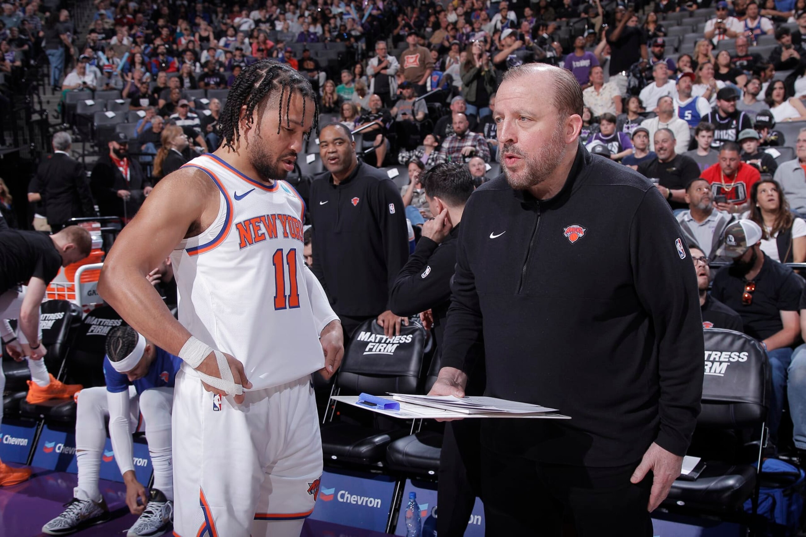 SACRAMENTO, CA - MARCH 16: Head Coach Tom Thibodeau of the New York Knicks coaches Jalen Brunson #11 prior to the game against the Sacramento Kings on March 16, 2024 at Golden 1 Center in Sacramento, California. NOTE TO USER: User expressly acknowledges and agrees that, by downloading and or using this photograph, User is consenting to the terms and conditions of the Getty Images Agreement. Mandatory Copyright Notice: Copyright 2024 NBAE (Photo by Rocky Widner/NBAE via Getty Images)