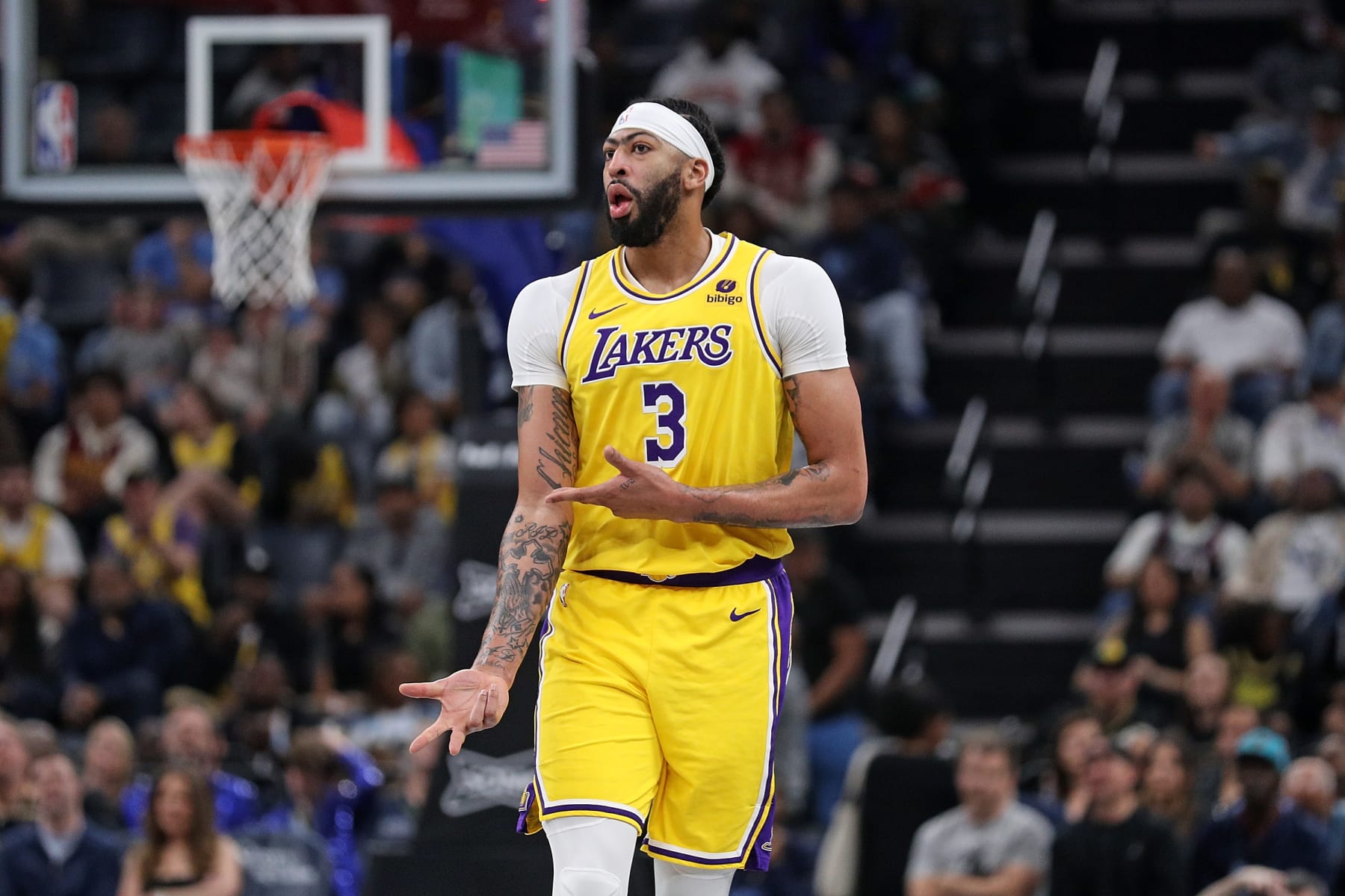 MEMPHIS, TENNESSEE - APRIL 12: Anthony Davis #3 of the Los Angeles Lakers reacts during the first half against the Memphis Grizzlies at FedExForum on April 12, 2024 in Memphis, Tennessee. NOTE TO USER: User expressly acknowledges and agrees that, by downloading and or using this photograph, User is consenting to the terms and conditions of the Getty Images License Agreement. (Photo by Justin Ford/Getty Images)