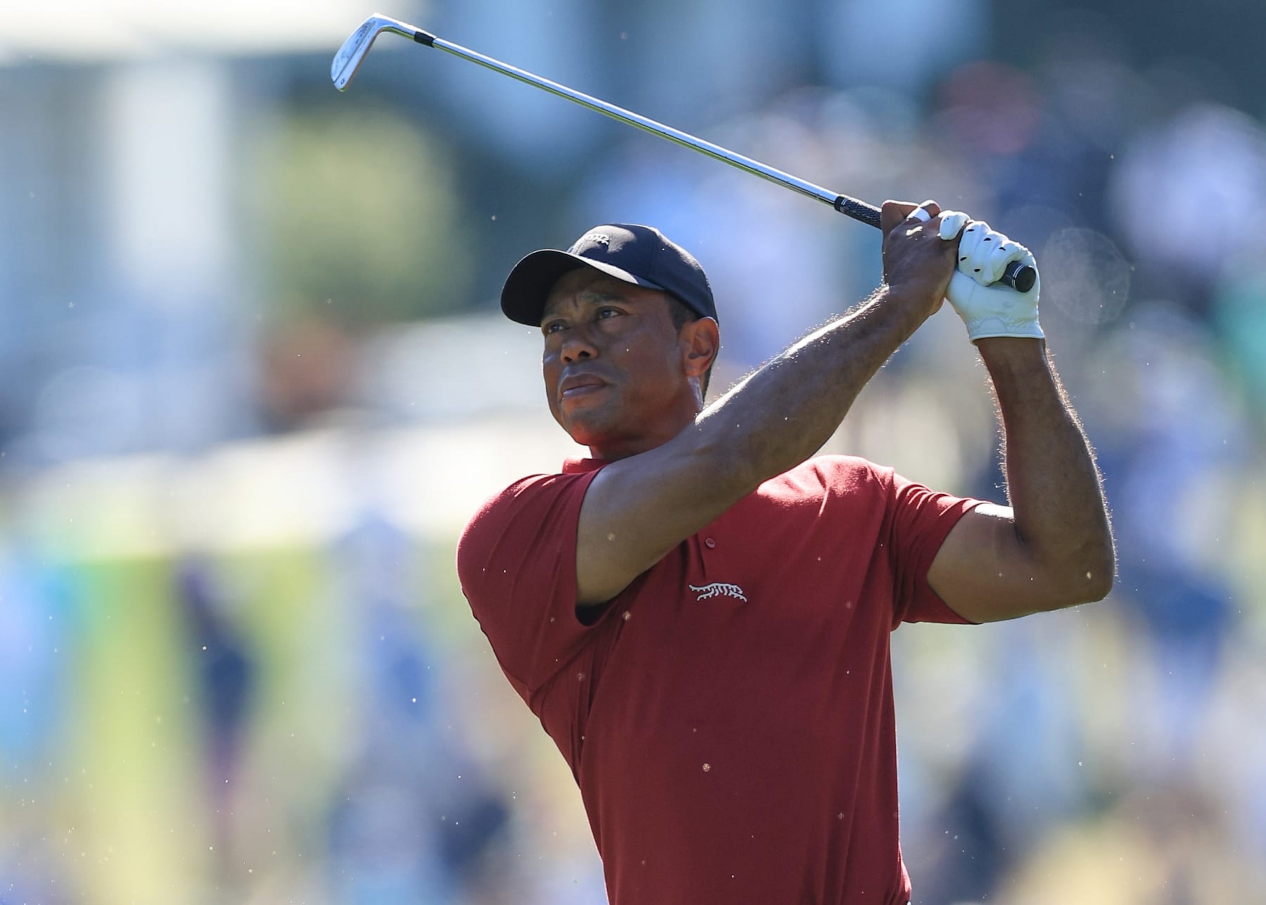 AUGUSTA, GEORGIA - APRIL 14: Tiger Woods of The United States plays his second shot on the first hole during the final round of the 2024 Masters Tournament at Augusta National Golf Club on April 14, 2024 in Augusta, Georgia. (Photo by David Cannon/Getty Images)