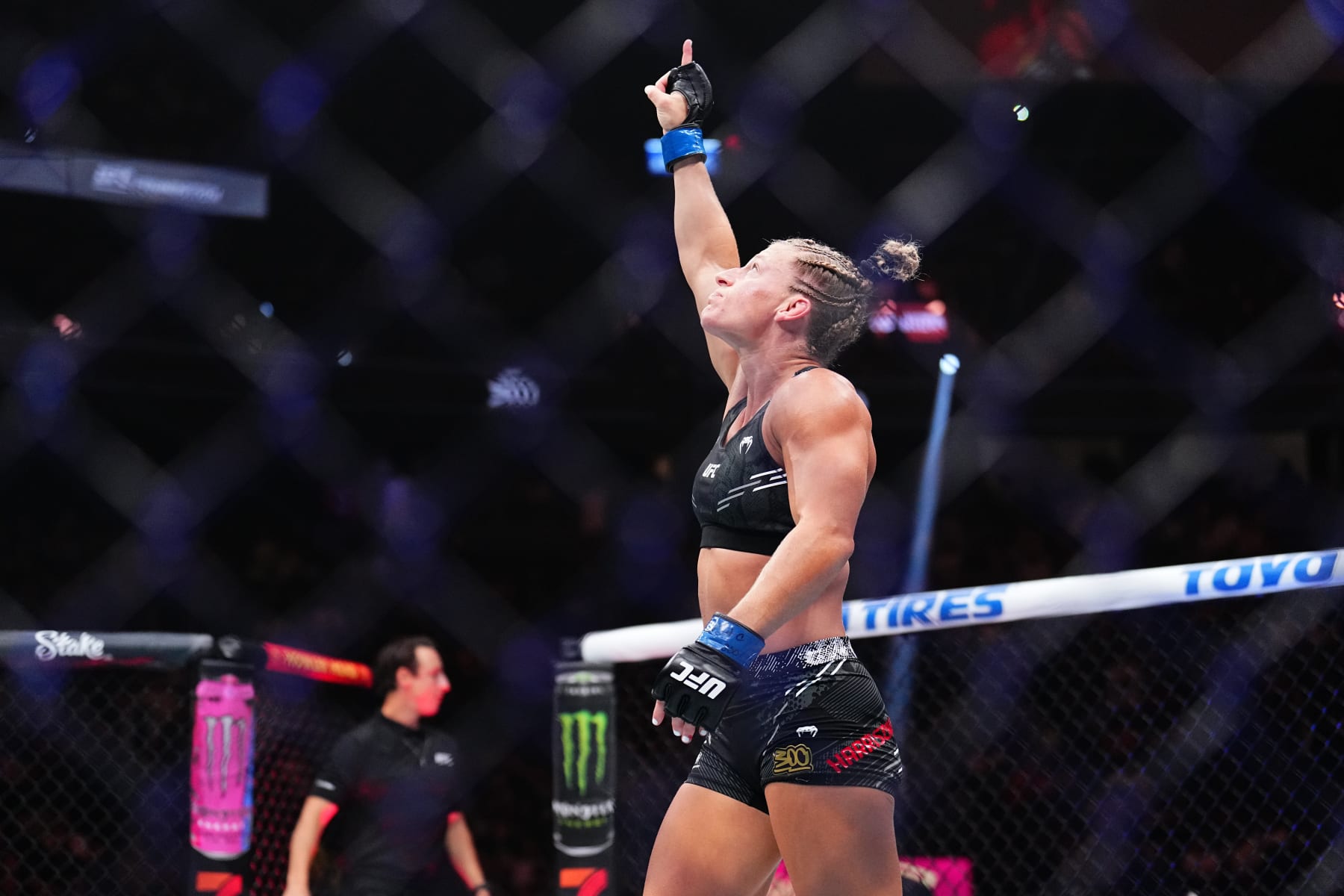 Kayla Harrison reacts after a strong first round against Holly Holm. 