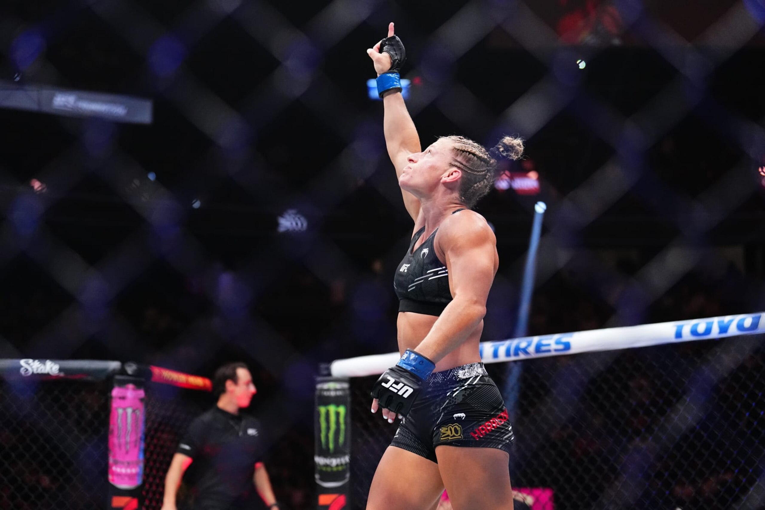 Kayla Harrison reacts after a strong first round against Holly Holm. 