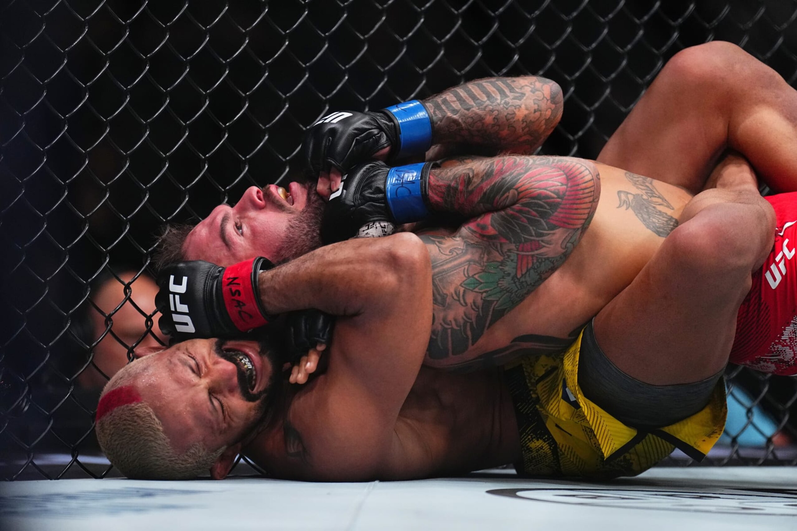 Deiveson Figueiredo attacks a rear-naked choke against Cody Garbrandt
