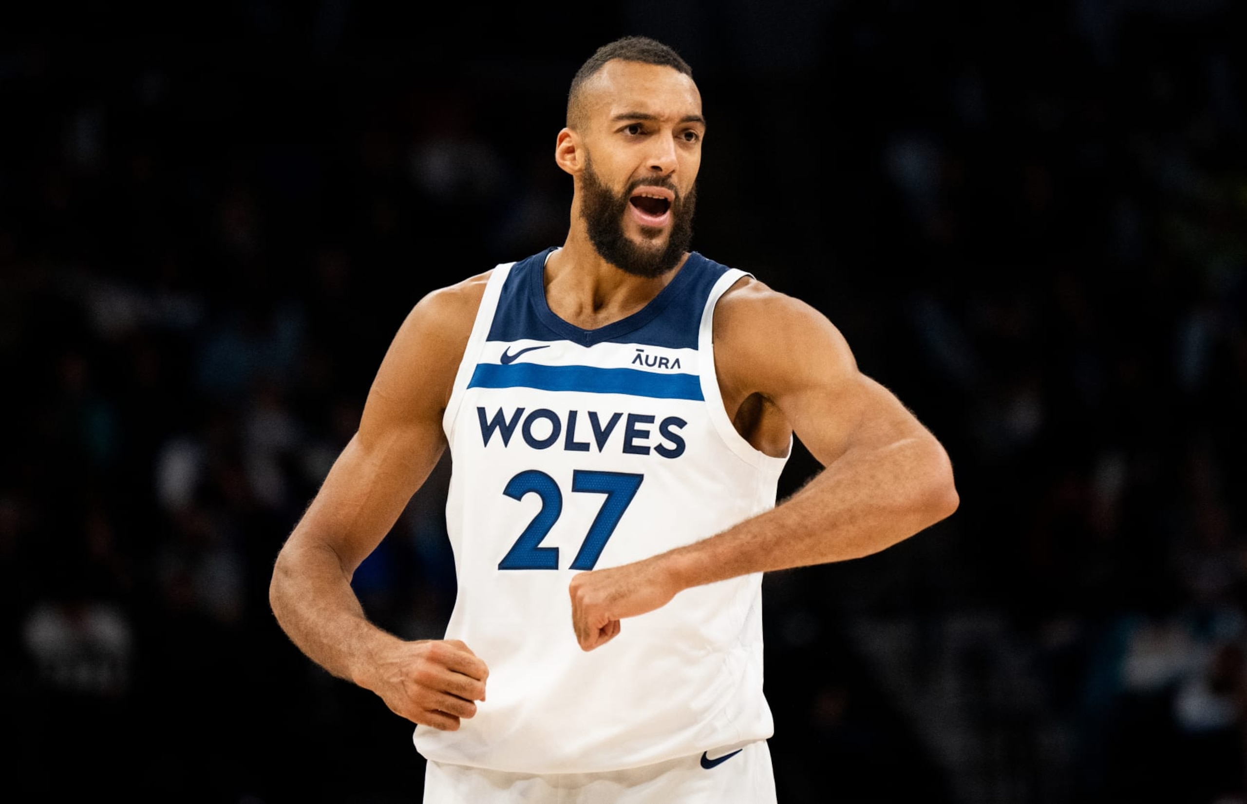 MINNEAPOLIS, MINNESOTA - APRIL 3: Rudy Gobert #27 of the Minnesota Timberwolves reacts after a play in the third quarter of the game against the Toronto Raptors at Target Center on April 3, 2024 in Minneapolis, Minnesota. NOTE TO USER: User expressly acknowledges and agrees that, by downloading and or using this photograph, User is consenting to the terms and conditions of the Getty Images License Agreement. (Photo by Stephen Maturen/Getty Images)