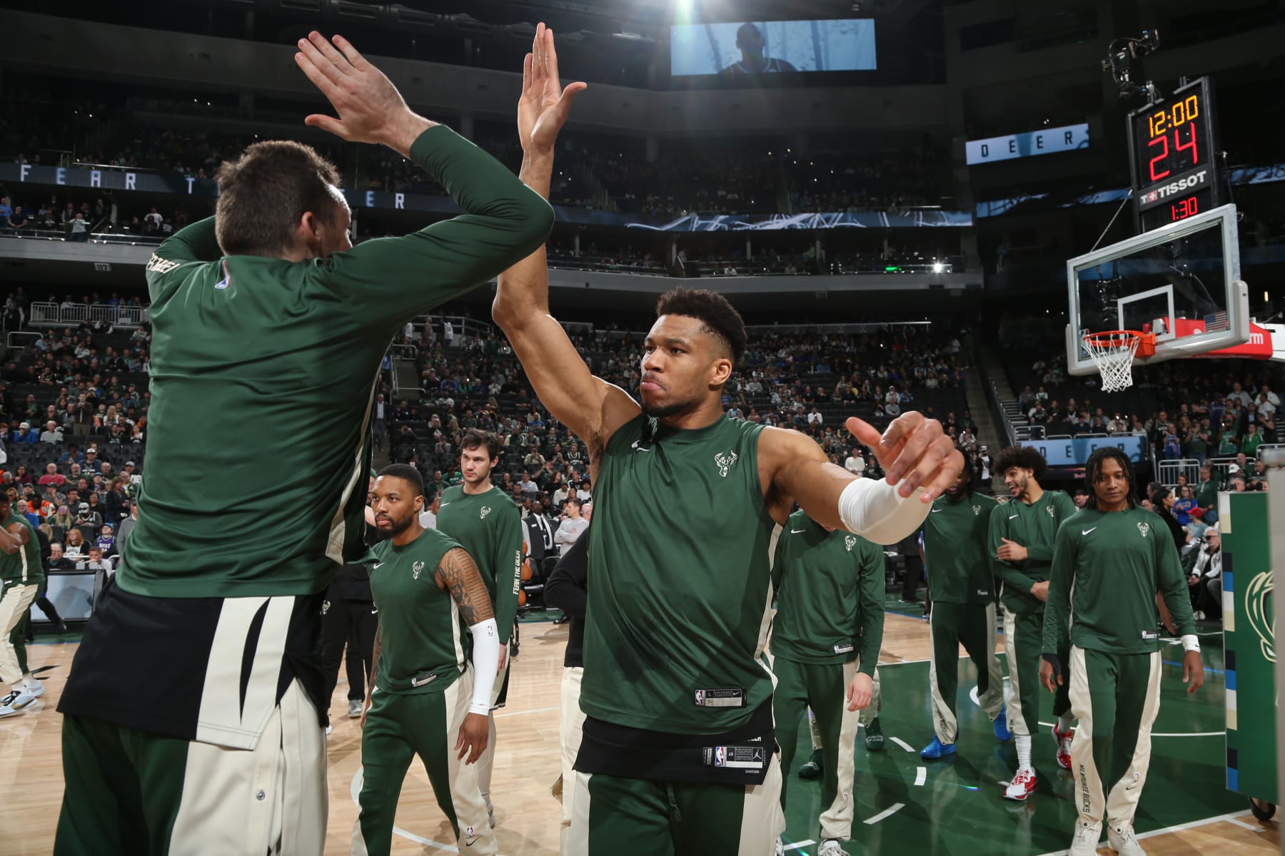 MILWAUKEE, WI - APRIL 9: Giannis Antetokounmpo #34 of the Milwaukee Bucks is introduced before the game against the Boston Celtics on April 9, 2024 at the Fiserv Forum Center in Milwaukee, Wisconsin. NOTE TO USER: User expressly acknowledges and agrees that, by downloading and or using this Photograph, user is consenting to the terms and conditions of the Getty Images License Agreement. Mandatory Copyright Notice: Copyright 2024 NBAE (Photo by Gary Dineen/NBAE via Getty Images).