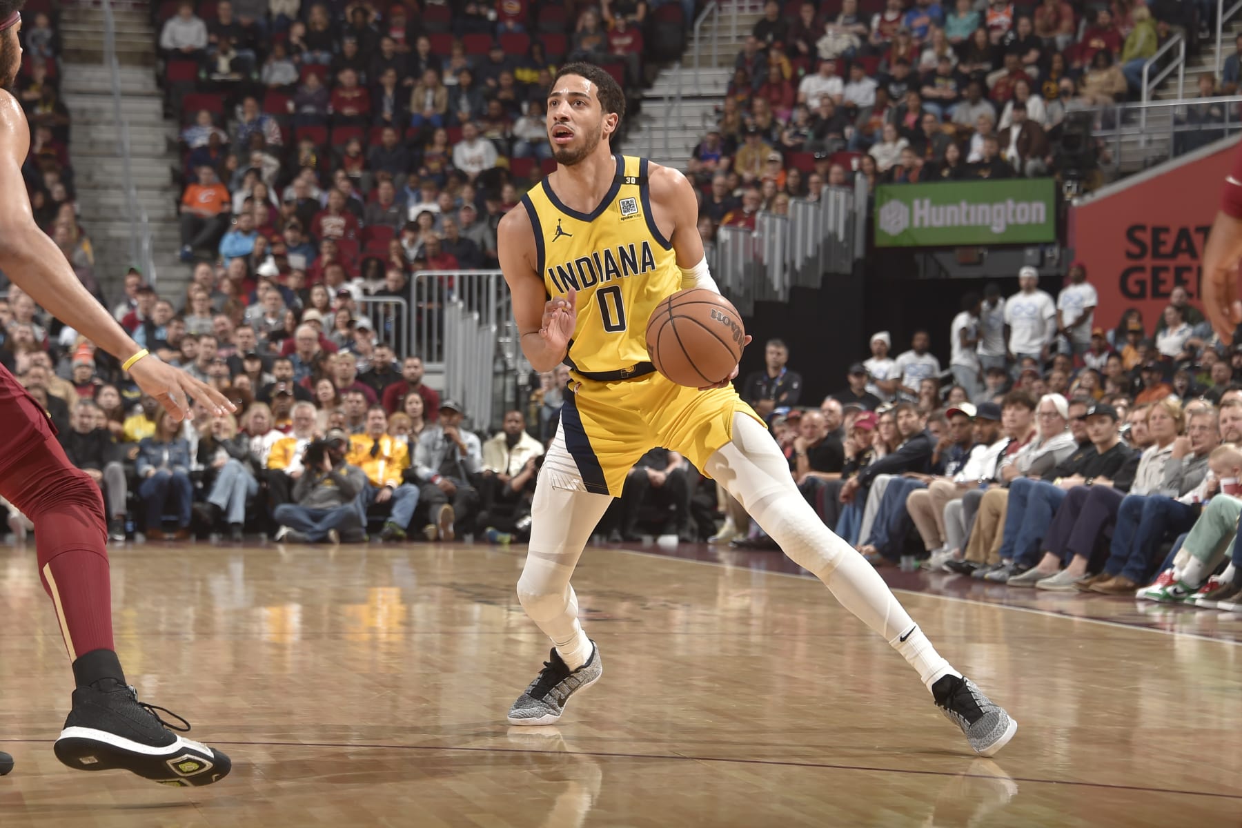 CLEVELAND, OH - APRIL 12: Tyrese Haliburton #0 of the Indiana Pacers dribbles the ball during the game against the Cleveland Cavaliers on April 12, 2024 at Rocket Mortgage FieldHouse in Cleveland, Ohio. NOTE TO USER: User expressly acknowledges and agrees that, by downloading and/or using this Photograph, user is consenting to the terms and conditions of the Getty Images License Agreement. Mandatory Copyright Notice: Copyright 2024 NBAE (Photo by David Liam Kyle/NBAE via Getty Images)