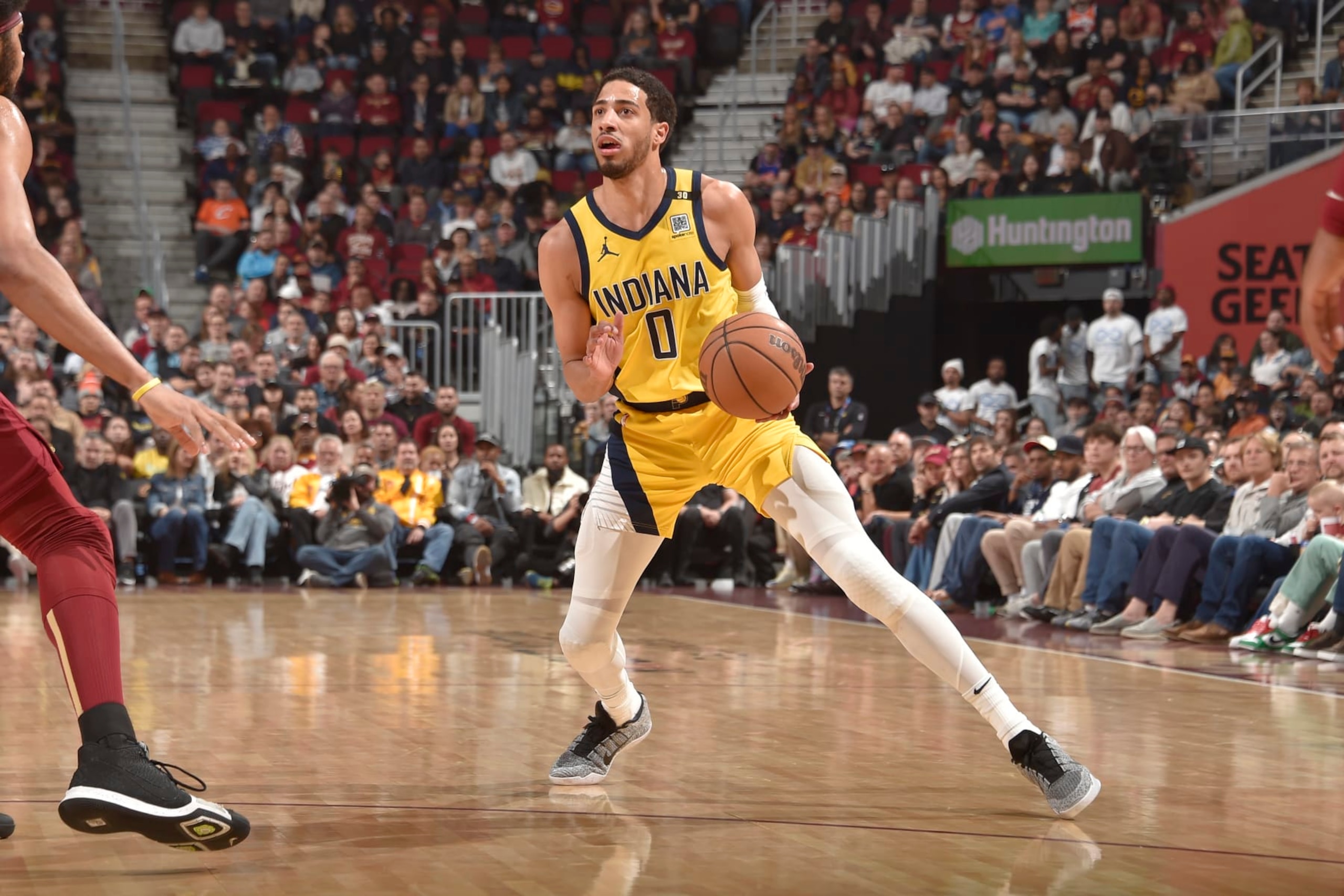CLEVELAND, OH - APRIL 12: Tyrese Haliburton #0 of the Indiana Pacers dribbles the ball during the game against the Cleveland Cavaliers on April 12, 2024 at Rocket Mortgage FieldHouse in Cleveland, Ohio. NOTE TO USER: User expressly acknowledges and agrees that, by downloading and/or using this Photograph, user is consenting to the terms and conditions of the Getty Images License Agreement. Mandatory Copyright Notice: Copyright 2024 NBAE (Photo by David Liam Kyle/NBAE via Getty Images) CLEVELAND, OH - APRIL 12: Tyrese Haliburton #0 of the Indiana Pacers dribbles the ball during the game against the Cleveland Cavaliers on April 12, 2024 at Rocket Mortgage FieldHouse in Cleveland, Ohio. NOTE TO USER: User expressly acknowledges and agrees that, by downloading and/or using this Photograph, user is consenting to the terms and conditions of the Getty Images License Agreement. Mandatory Copyright Notice: Copyright 2024 NBAE (Photo by David Liam Kyle/NBAE via Getty Images)