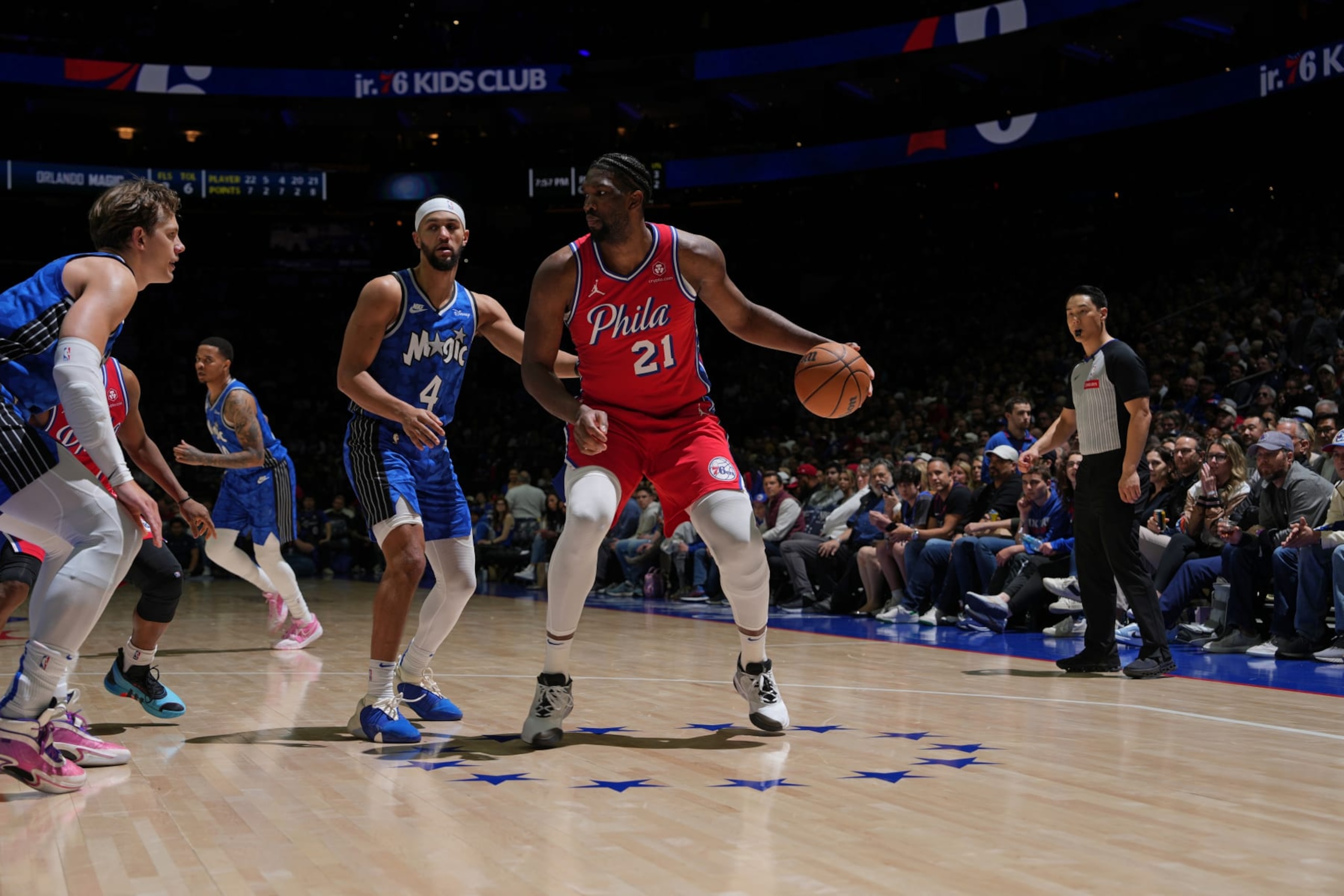 PHILADELPHIA, PA - APRIL 12: Joel Embiid #21 of the Philadelphia 76ers dribbles the ball during the game against the Orlando Magic on April 12, 2024 at the Wells Fargo Center in Philadelphia, Pennsylvania NOTE TO USER: User expressly acknowledges and agrees that, by downloading and/or using this Photograph, user is consenting to the terms and conditions of the Getty Images License Agreement. Mandatory Copyright Notice: Copyright 2024 NBAE (Photo by Jesse D. Garrabrant/NBAE via Getty Images)