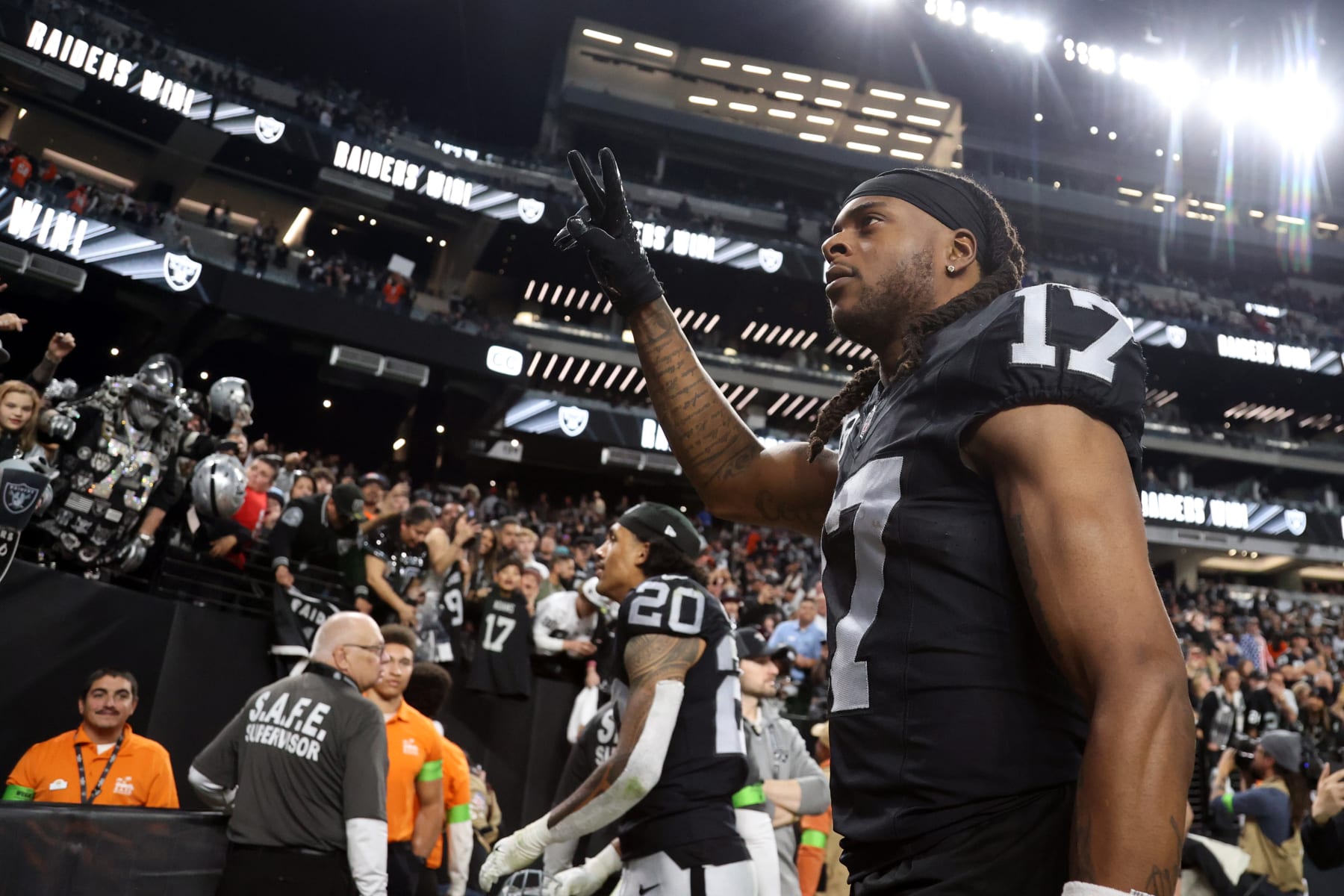 LAS VEGAS, NEVADA - JANUARY 07: Davante Adams #17 of the Las Vegas Raiders walks off the field after a win over the Denver Broncos at Allegiant Stadium on January 07, 2024 in Las Vegas, Nevada. (Photo by Ian Maule/Getty Images)