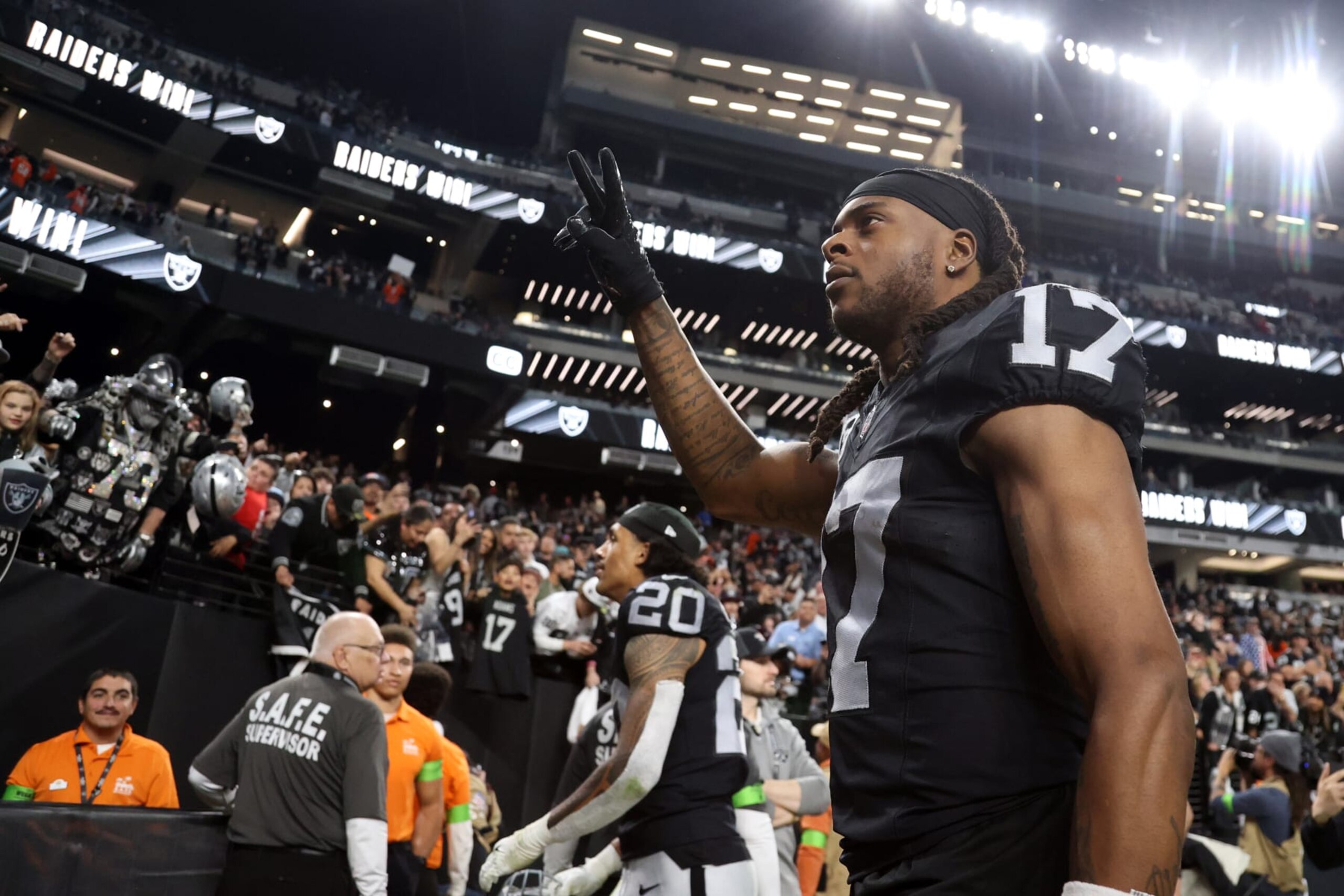 LAS VEGAS, NEVADA - JANUARY 07: Davante Adams #17 of the Las Vegas Raiders walks off the field after a win over the Denver Broncos at Allegiant Stadium on January 07, 2024 in Las Vegas, Nevada. (Photo by Ian Maule/Getty Images) LAS VEGAS, NEVADA - JANUARY 07: Davante Adams #17 of the Las Vegas Raiders walks off the field after a win over the Denver Broncos at Allegiant Stadium on January 07, 2024 in Las Vegas, Nevada. (Photo by Ian Maule/Getty Images)