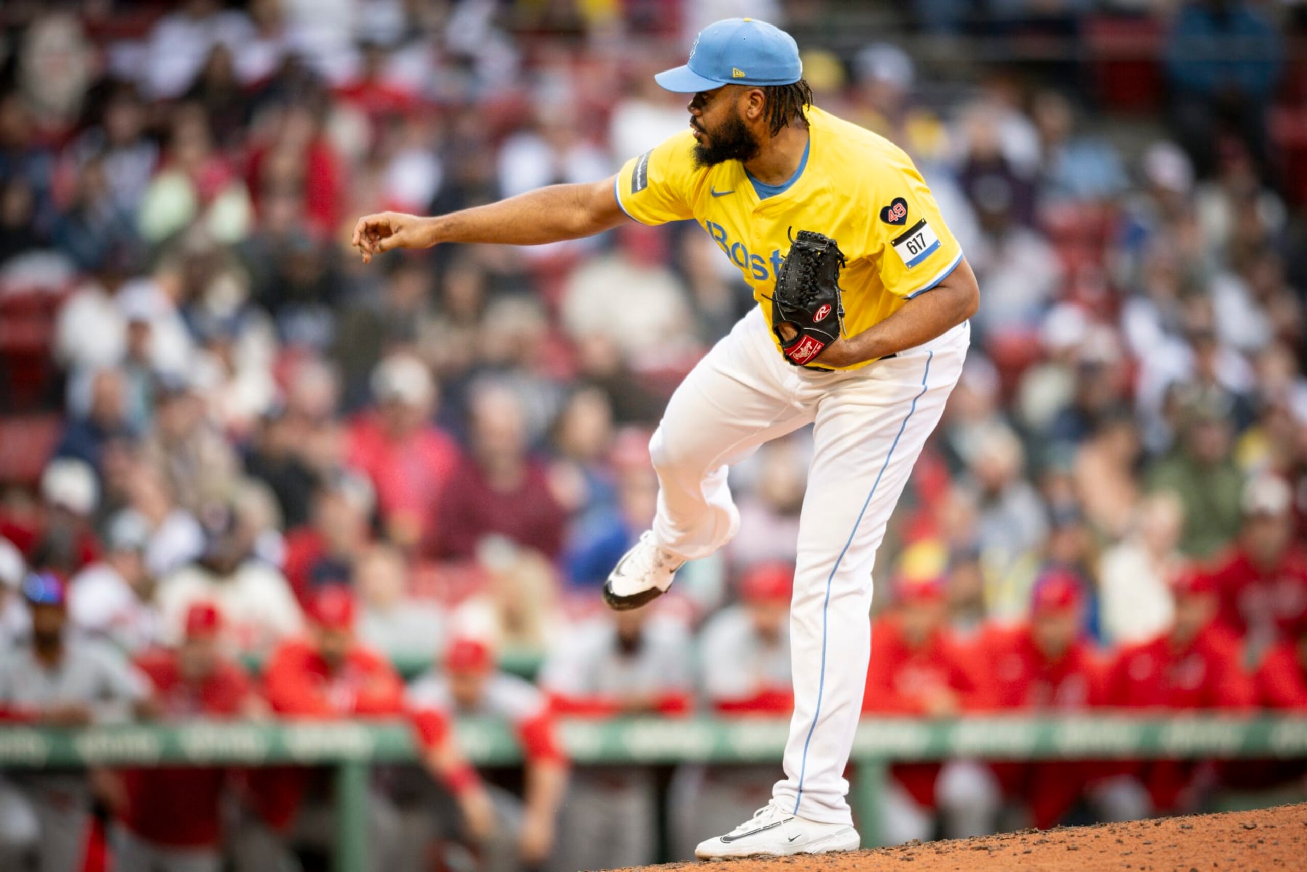 BOSTON, MA - APRIL 14: Kenley Jansen #74 of the Boston Red Sox pitches during the ninth inning of a game against the Los Angeles Angels on April 14, 2024 at Fenway Park in Boston, Massachusetts. (Photo by Maddie Malhotra/Boston Red Sox/Getty Images) BOSTON, MA - APRIL 14: Kenley Jansen #74 of the Boston Red Sox pitches during the ninth inning of a game against the Los Angeles Angels on April 14, 2024 at Fenway Park in Boston, Massachusetts. (Photo by Maddie Malhotra/Boston Red Sox/Getty Images)