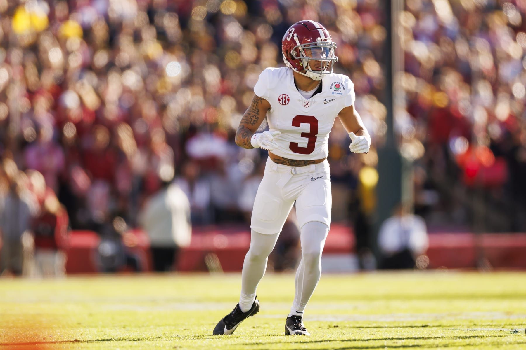 PASADENA, CALIFORNIA - JANUARY 01: Wide receiver Jermaine Burton #3 of the Alabama Crimson Tide runs a route during the CFP Semifinal Rose Bowl Game against the Michigan Wolverines at Rose Bowl Stadium on January 1, 2024 in Pasadena, California. (Photo by Ryan Kang/Getty Images) PASADENA, CALIFORNIA - JANUARY 01: Wide receiver Jermaine Burton #3 of the Alabama Crimson Tide runs a route during the CFP Semifinal Rose Bowl Game against the Michigan Wolverines at Rose Bowl Stadium on January 1, 2024 in Pasadena, California. (Photo by Ryan Kang/Getty Images)