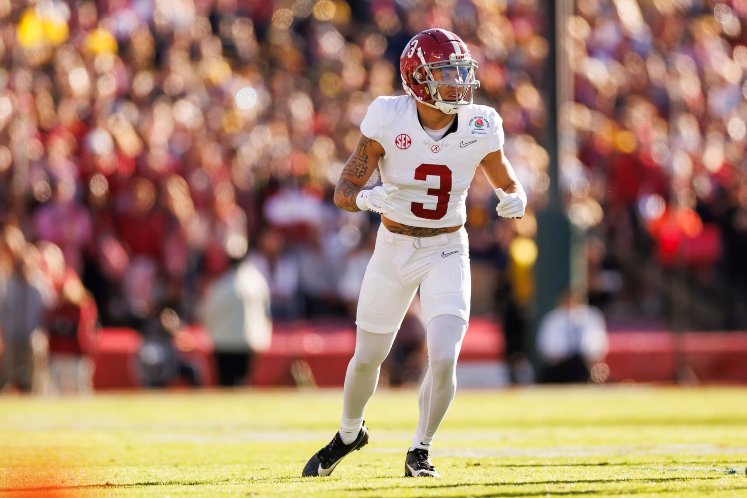 PASADENA, CALIFORNIA - JANUARY 01: Wide receiver Jermaine Burton #3 of the Alabama Crimson Tide runs a route during the CFP Semifinal Rose Bowl Game against the Michigan Wolverines at Rose Bowl Stadium on January 1, 2024 in Pasadena, California. (Photo by Ryan Kang/Getty Images)