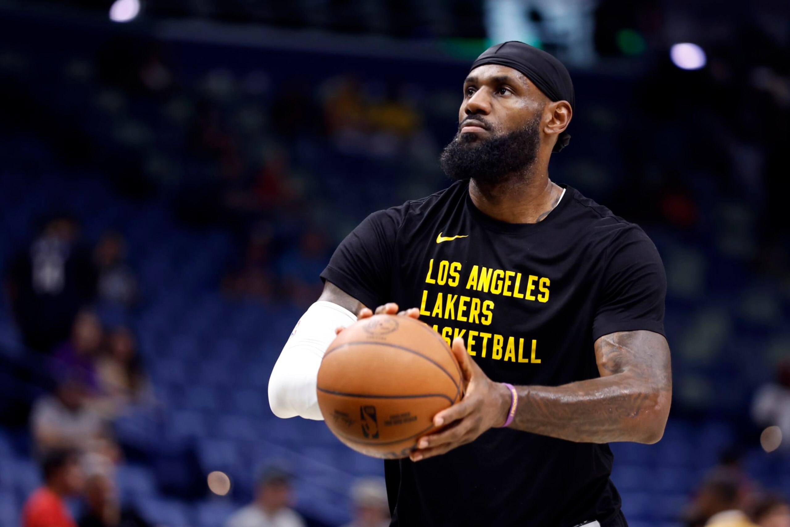 NEW ORLEANS, LOUISIANA - APRIL 14: LeBron James #23 of the Los Angeles Lakers warms up prior to a game against the New Orleans Pelicans at Smoothie King Center on April 14, 2024 in New Orleans, Louisiana.  NOTE TO USER: User expressly acknowledges and agrees that, by downloading and or using this photograph, User is consenting to the terms and conditions of the Getty Images License Agreement. (Photo by Tyler  Kaufman/Getty Images)