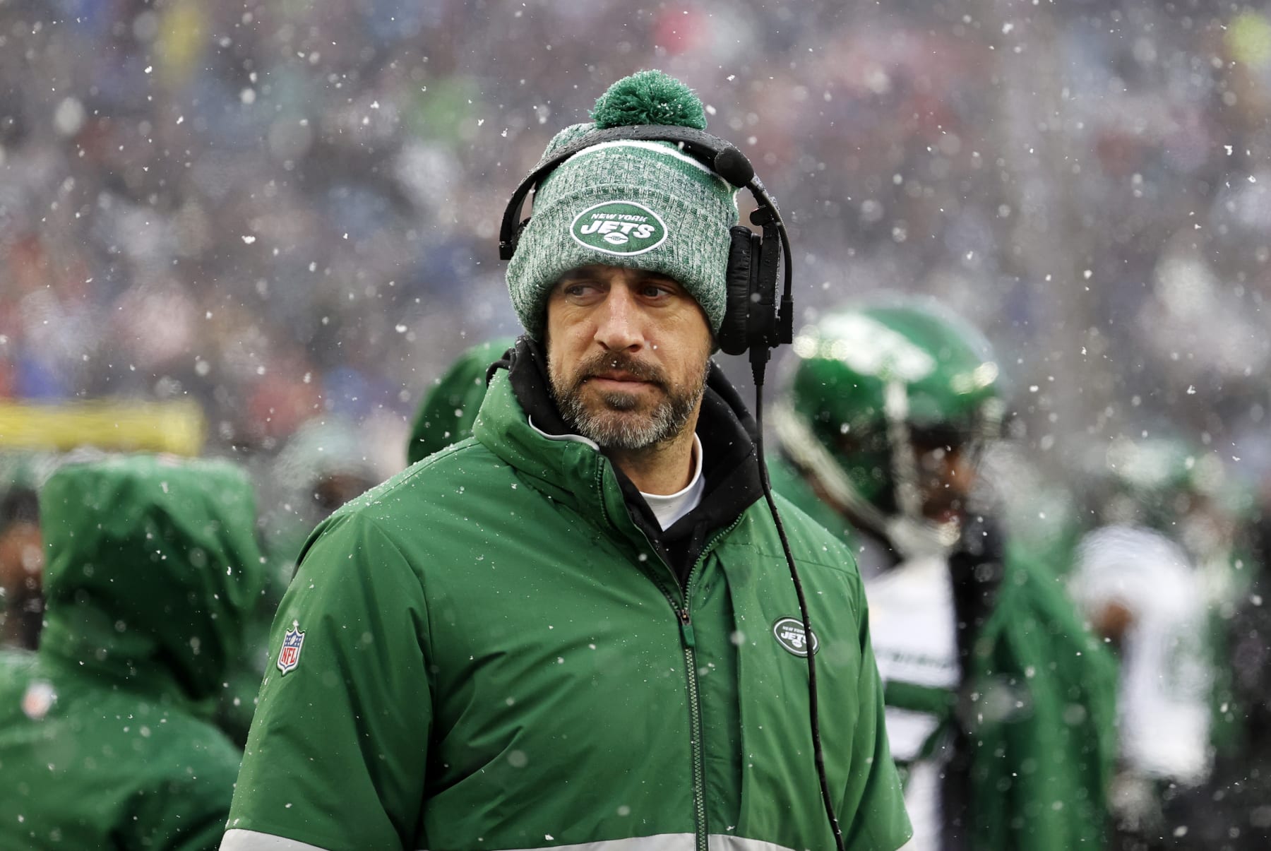 FOXBOROUGH, MA - JANUARY 07: New York Jets quarterback Aaron Rodgers (8) during a game between the New England Patriots and the New York Jets on January 7, 2024, at Gillette Stadium in Foxborough, Massachusetts. (Photo by Fred Kfoury III/Icon Sportswire via Getty Images)
