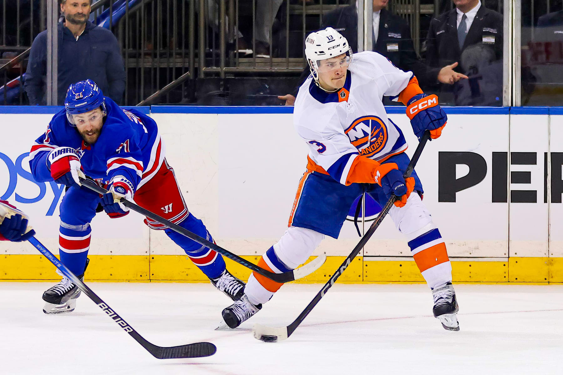 NEW YORK, NY - APRIL 13: New York Islanders Winger Mathew Barzal (13) takes a shot on goal during the third period of the National Hockey League game between the New York Islanders and the New York Rangers on April 13, 2024 at Madison Square Garden in New York, NY. (Photo by Joshua Sarner/Icon Sportswire via Getty Images)