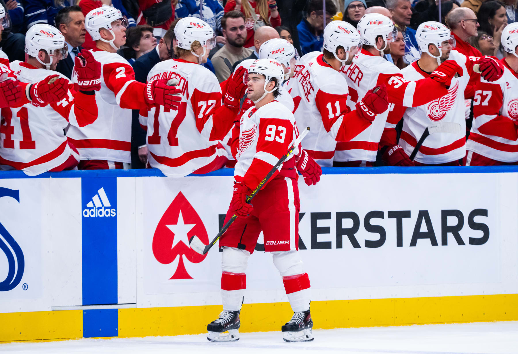 TORONTO, ON - APRIL 13: Alex DeBrincat #93 of the Detroit Red Wings celebrates his goal against the Toronto Maple Leafs during the first period at Scotiabank Arena on April 13, 2024 in Toronto, Ontario, Canada. (Photo by Mark Blinch/NHLI via Getty Images)