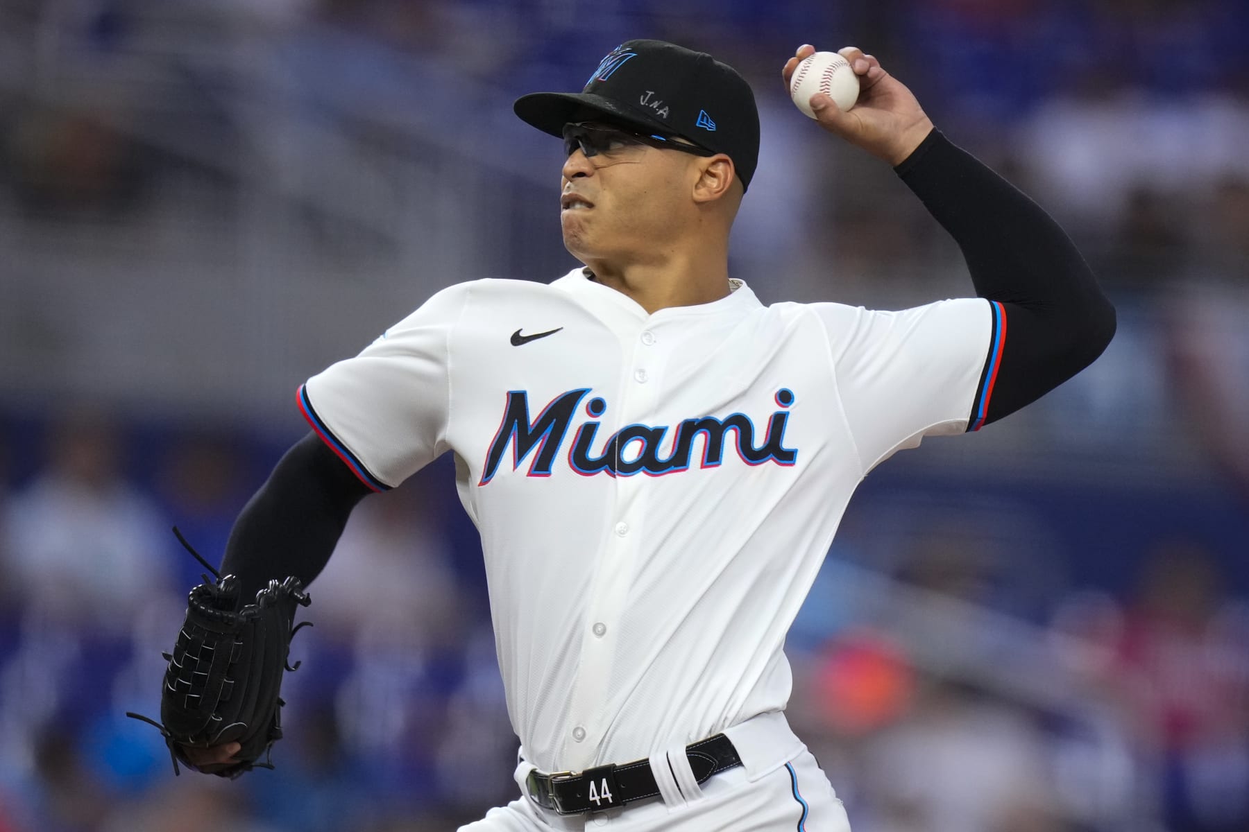 MIAMI, FLORIDA - APRIL 02: Jesus Luzardo #44 of the Miami Marlins throws a pitch during a game against the Los Angeles Angels at loanDepot park on April 02, 2024 in Miami, Florida. (Photo by Rich Storry/Getty Images)