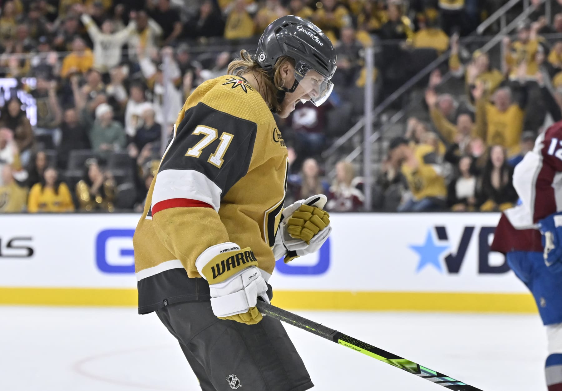 LAS VEGAS, NEVADA - APRIL 14: William Karlsson #71 of the Vegas Golden Knights celebrates after scoring a goal during the third period against the Colorado Avalanche at T-Mobile Arena on April 14, 2024 in Las Vegas, Nevada. (Photo by David Becker/NHLI via Getty Images)