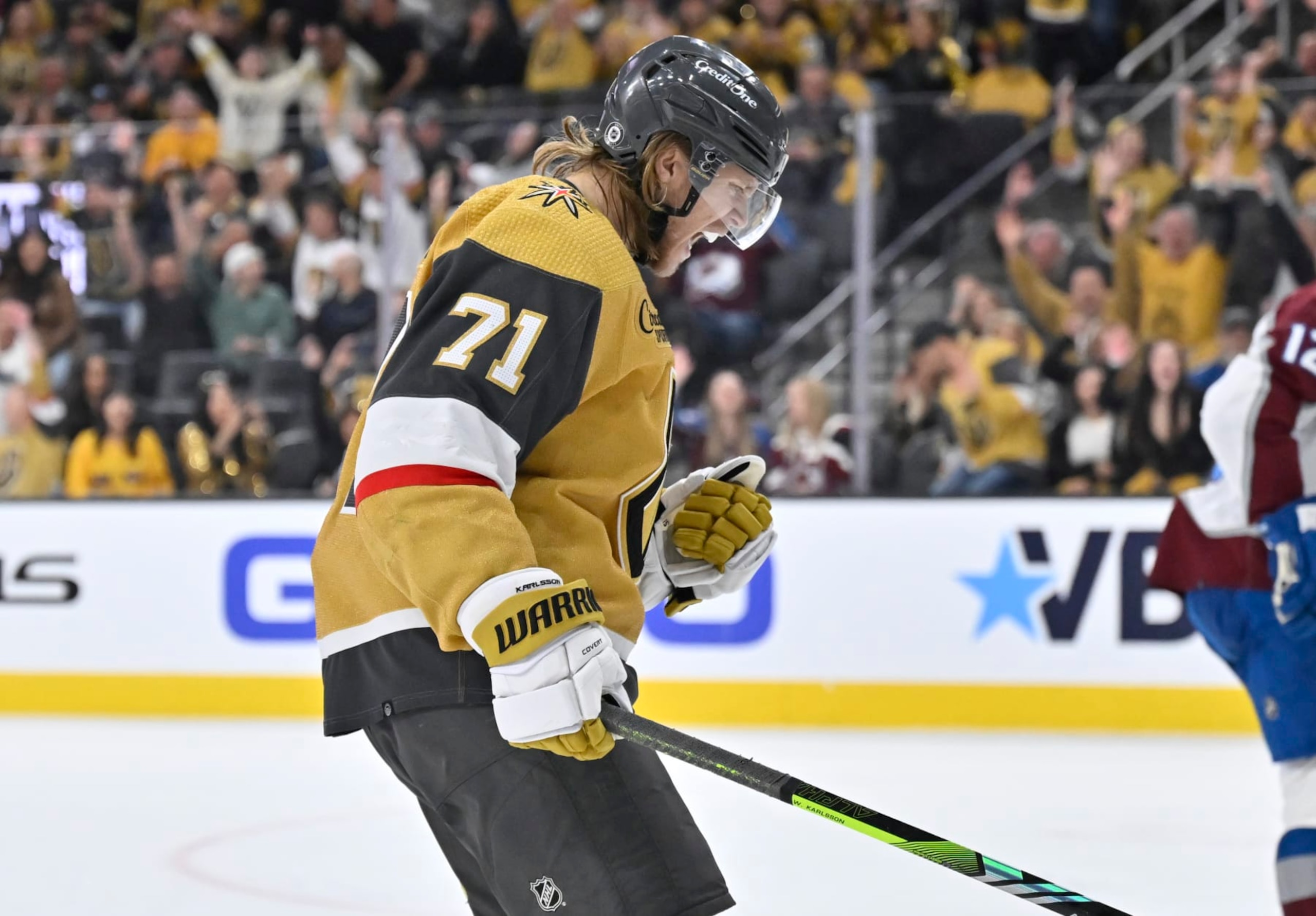 LAS VEGAS, NEVADA - APRIL 14: William Karlsson #71 of the Vegas Golden Knights celebrates after scoring a goal during the third period against the Colorado Avalanche at T-Mobile Arena on April 14, 2024 in Las Vegas, Nevada. (Photo by David Becker/NHLI via Getty Images) LAS VEGAS, NEVADA - APRIL 14: William Karlsson #71 of the Vegas Golden Knights celebrates after scoring a goal during the third period against the Colorado Avalanche at T-Mobile Arena on April 14, 2024 in Las Vegas, Nevada. (Photo by David Becker/NHLI via Getty Images)