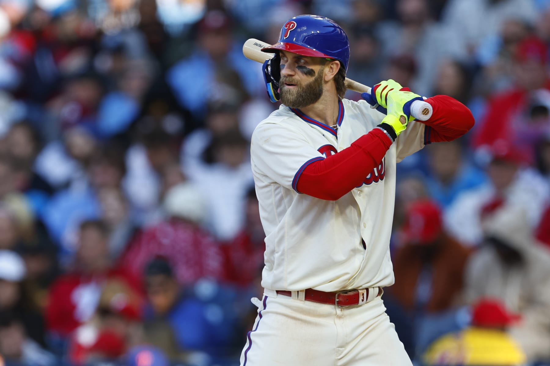 PHILADELPHIA, PENNSYLVANIA - APRIL 13: Bryce Harper #3 of the Philadelphia Phillies in action against the Pittsburgh Pirates during a game at Citizens Bank Park on April 13, 2024 in Philadelphia, Pennsylvania. (Photo by Rich Schultz/Getty Images)
