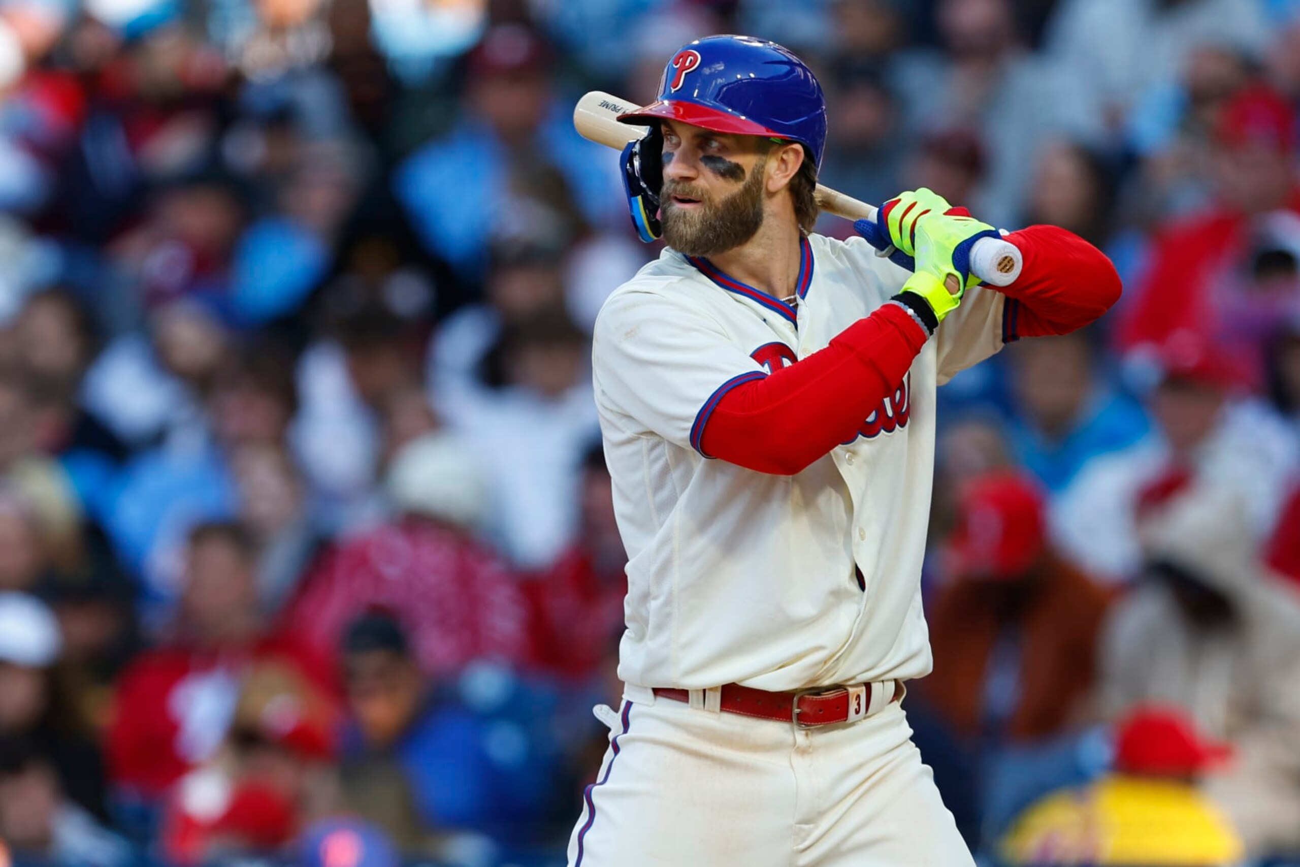 PHILADELPHIA, PENNSYLVANIA - APRIL 13: Bryce Harper #3 of the Philadelphia Phillies in action against the Pittsburgh Pirates during a game at Citizens Bank Park on April 13, 2024 in Philadelphia, Pennsylvania. (Photo by Rich Schultz/Getty Images)