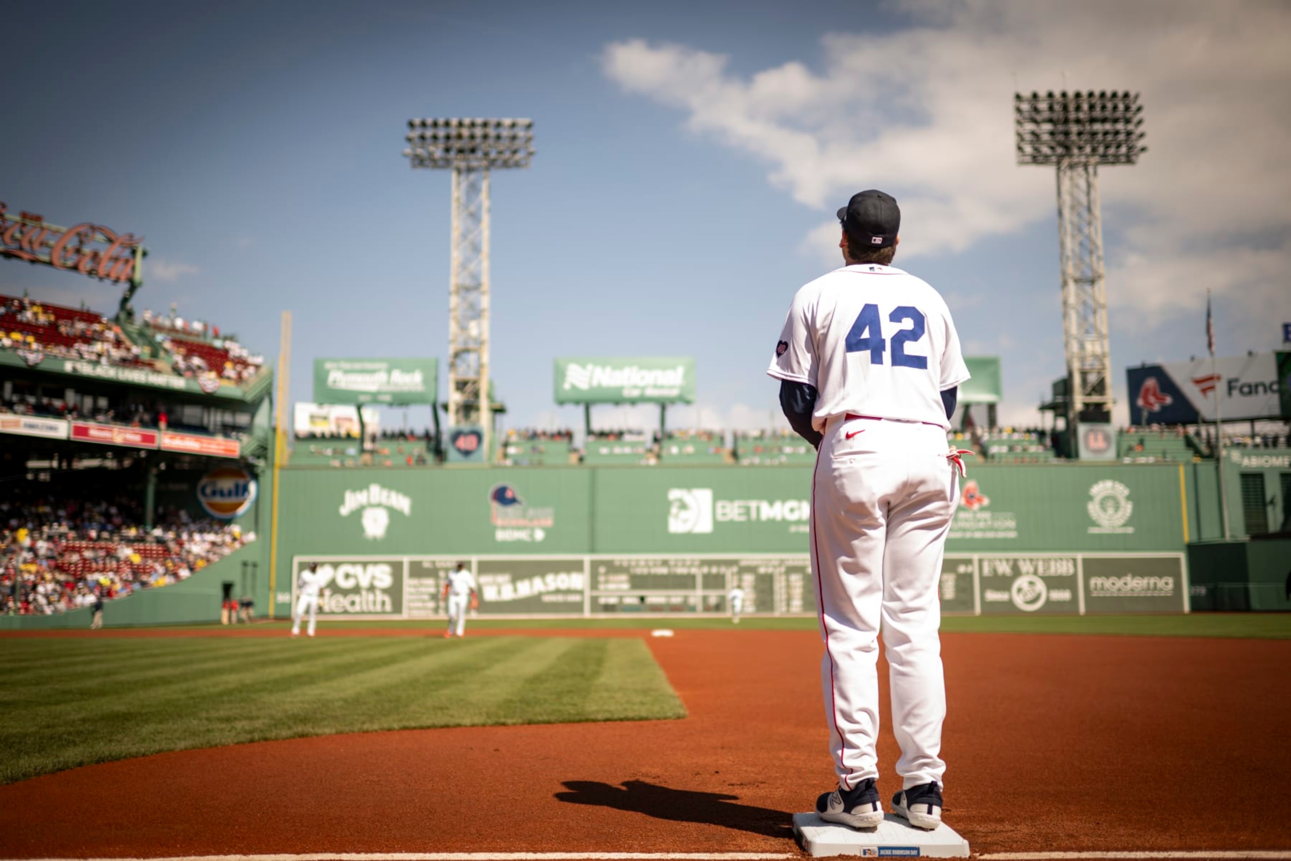 BOSTON, MA - APRIL 15: Wearing #42 in honor of Jackie Robinson, Triston Casas #36 of the Boston Red Sox looks on as he takes the field for a game against the Cleveland Guardians on April 15, 2024 at Fenway Park in Boston, Massachusetts. (Photo by Maddie Malhotra/Boston Red Sox/Getty Images) BOSTON, MA - APRIL 15: Wearing #42 in honor of Jackie Robinson, Triston Casas #36 of the Boston Red Sox looks on as he takes the field for a game against the Cleveland Guardians on April 15, 2024 at Fenway Park in Boston, Massachusetts. (Photo by Maddie Malhotra/Boston Red Sox/Getty Images)
