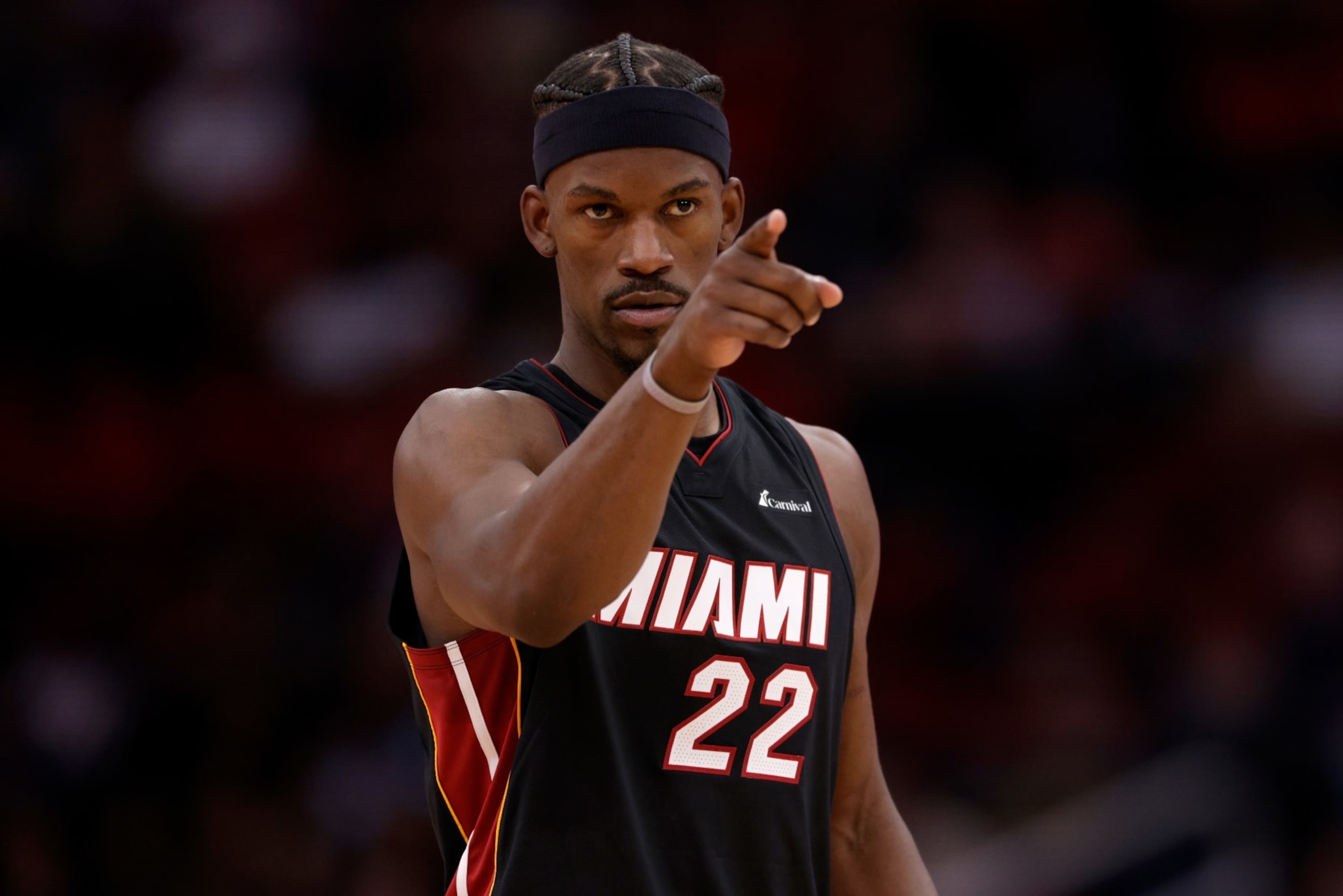 HOUSTON, TEXAS - APRIL 05: Jimmy Butler #22 of the Miami Heat reacts in the first half against the Houston Rockets at Toyota Center on April 05, 2024 in Houston, Texas.  NOTE TO USER: User expressly acknowledges and agrees that, by downloading and or using this photograph, User is consenting to the terms and conditions of the Getty Images License Agreement. (Photo by Tim Warner/Getty Images)