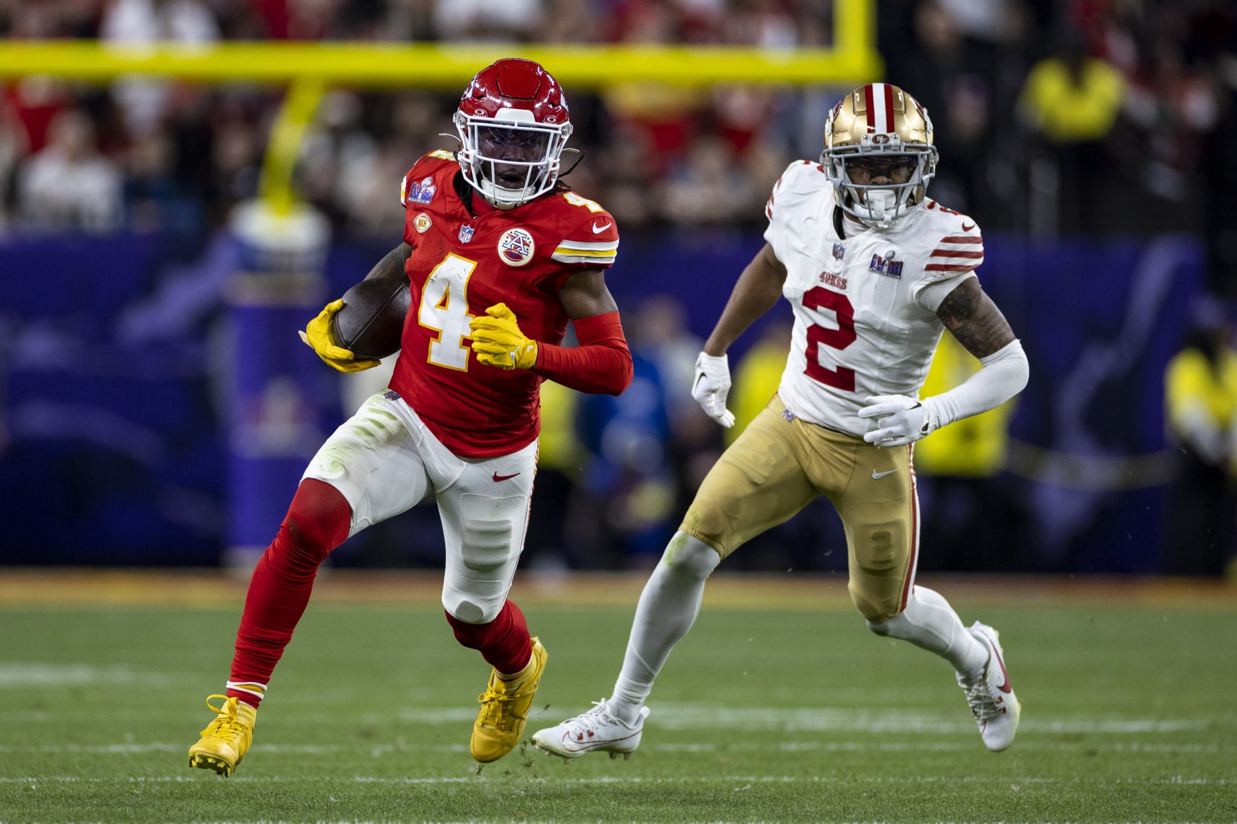 LAS VEGAS, NEVADA - FEBRUARY 11: Rashee Rice #4 of the Kansas City Chiefs runs with the ball during the NFL Super Bowl 58 football game between the San Francisco 49ers and the Kansas City Chiefs at Allegiant Stadium on February 11, 2024 in Las Vegas, Nevada. (Photo by Michael Owens/Getty Images)