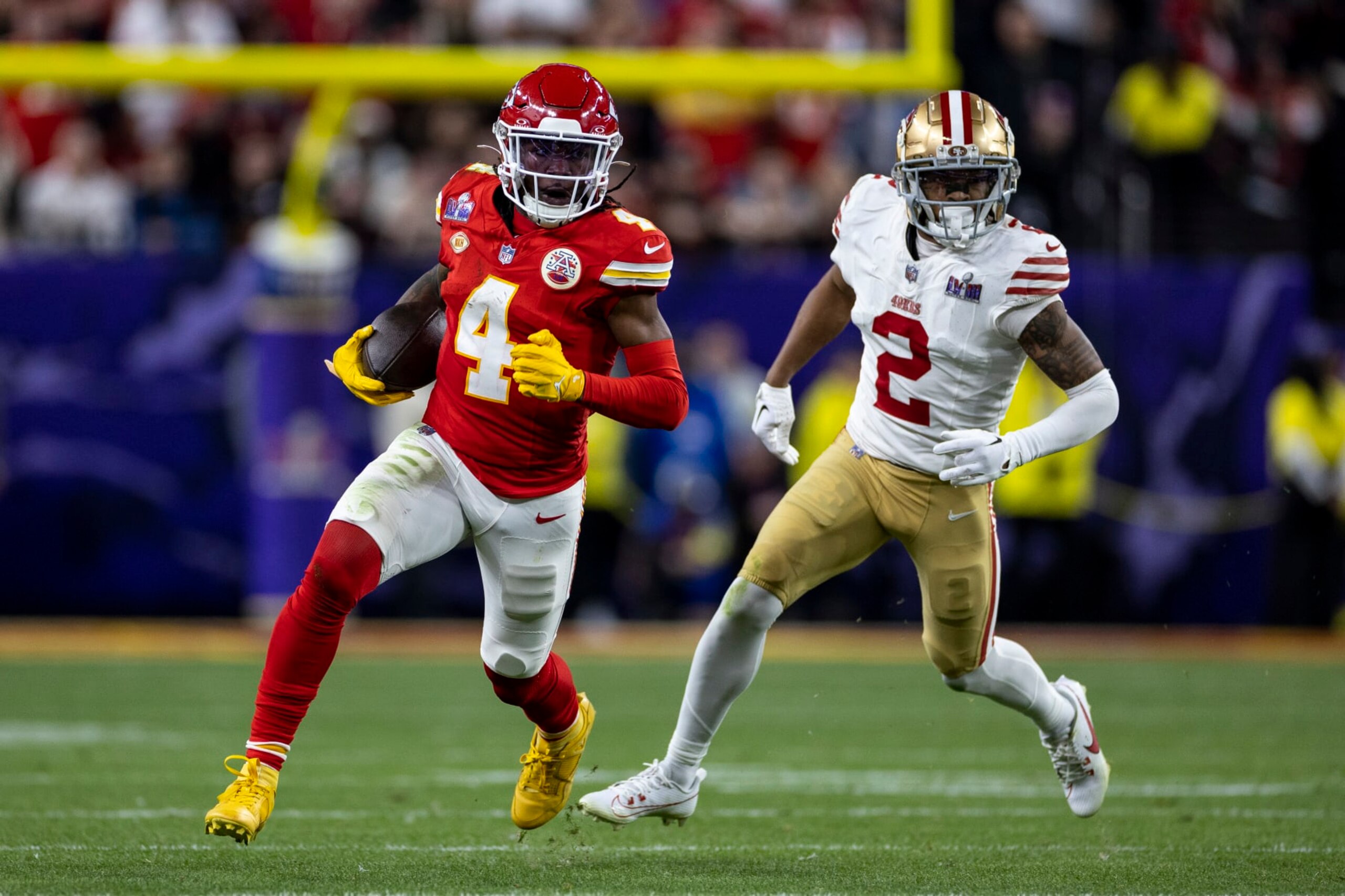 LAS VEGAS, NEVADA - FEBRUARY 11: Rashee Rice #4 of the Kansas City Chiefs runs with the ball during the NFL Super Bowl 58 football game between the San Francisco 49ers and the Kansas City Chiefs at Allegiant Stadium on February 11, 2024 in Las Vegas, Nevada. (Photo by Michael Owens/Getty Images)