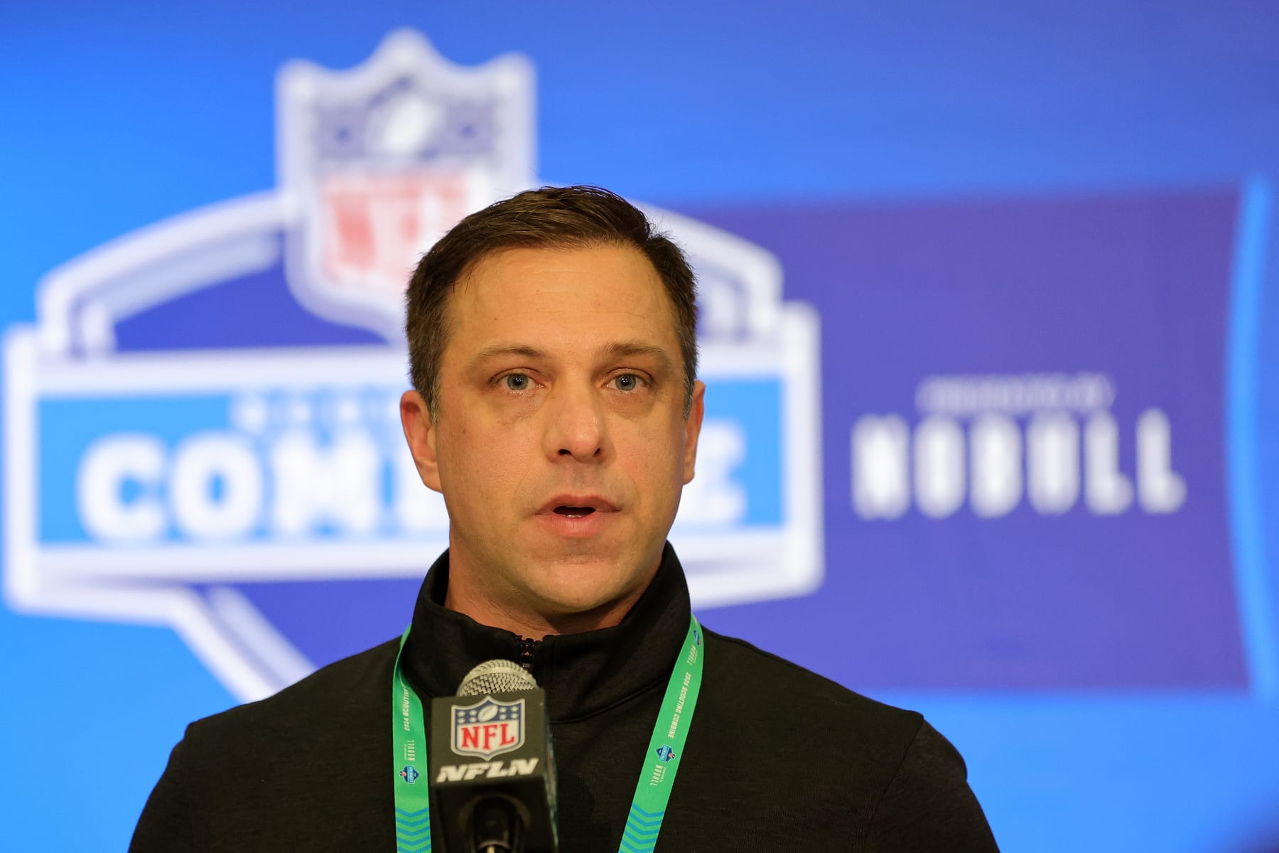 INDIANAPOLIS, INDIANA - FEBRUARY 27: General manager Brett Veach of the Kansas City Chiefs speaks to the media during the NFL Combine at the Indiana Convention Center on February 27, 2024 in Indianapolis, Indiana. (Photo by Stacy Revere/Getty Images)