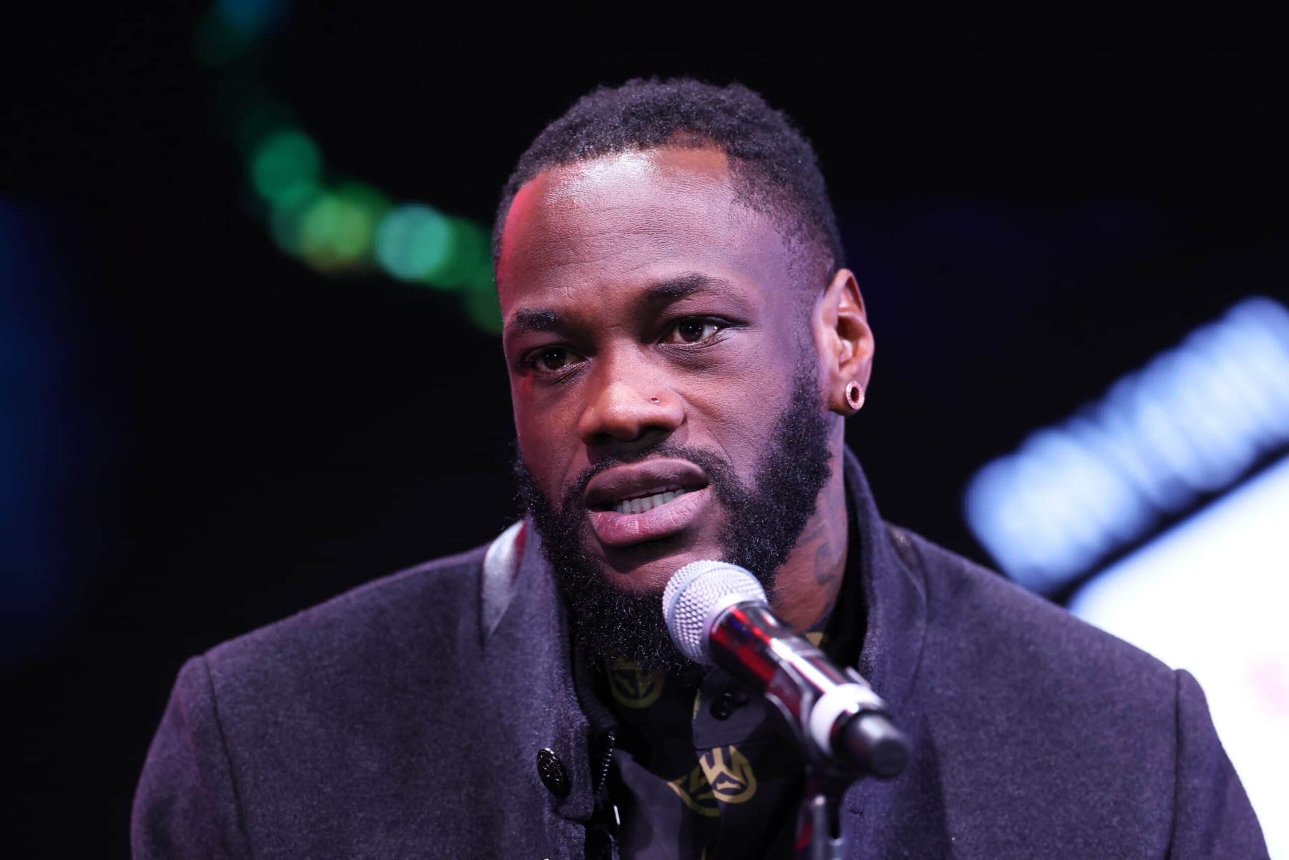 LONDON, ENGLAND - APRIL 15: Deontay Wilder looks on during the 5v5 press conference ahead of the Artur Beterbiev and Dmitrill Bivol WBA, WBC, IBF & WBO Light Heavyweight fight at Outernet London on April 15, 2024 in London, England. (Photo by Richard Pelham/Getty Images)