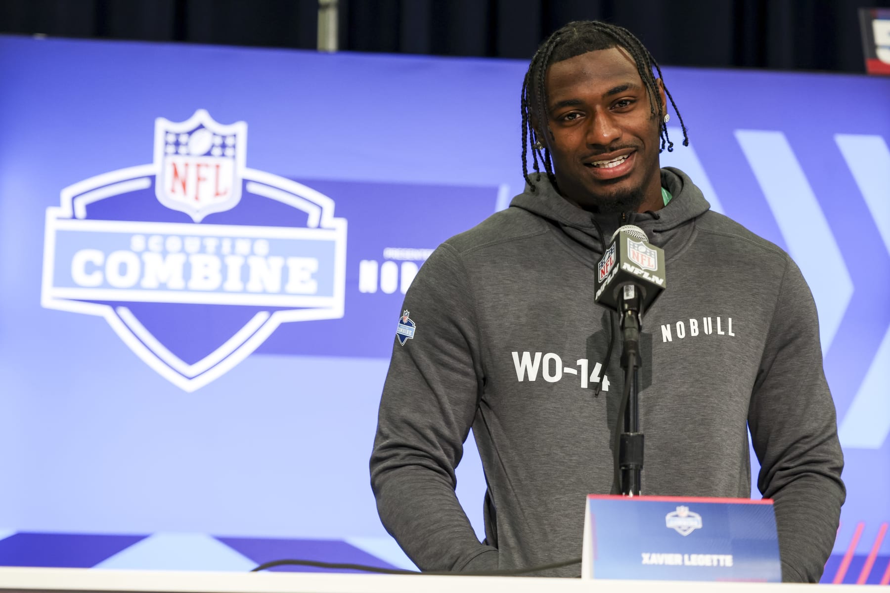 INDIANAPOLIS, INDIANA - MARCH 01: Xavier Legette #WO14 of South Carolina speaks to the media during the NFL Combine at the Indiana Convention Center on March 01, 2024 in Indianapolis, Indiana. (Photo by Kara Durrette/Getty Images)
