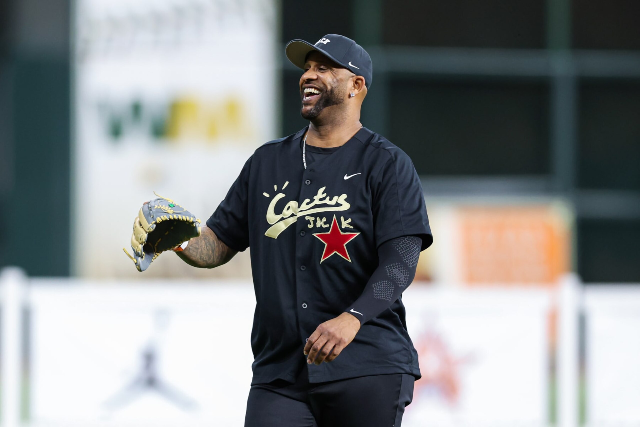 HOUSTON, TX - FEBRUARY 15: CC Sabathia reacts prior to the 2024 Cactus Jack HBCU Classic Celebrity Softball Game at Minute Maid Park on Thursday, February 15, 2024 in Houston, Texas. (Photo by Michael Starghill/MLB Photos via Getty Images)