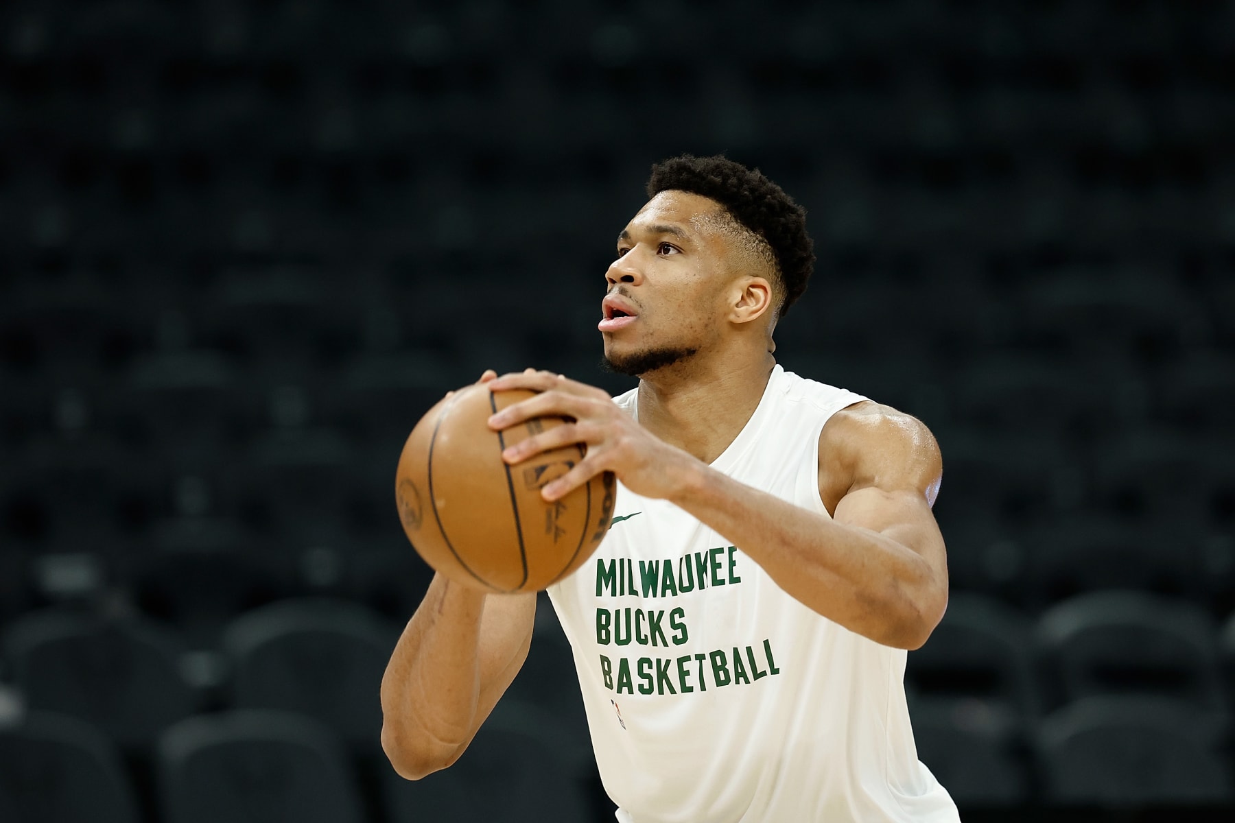 MILWAUKEE, WISCONSIN - APRIL 03: Giannis Antetokounmpo #34 of the Milwaukee Bucks works out before the game against the Memphis Grizzlies at Fiserv Forum on April 03, 2024 in Milwaukee, Wisconsin. NOTE TO USER: User expressly acknowledges and agrees that, by downloading and or using this photograph, User is consenting to the terms and conditions of the Getty Images License Agreement. (Photo by John Fisher/Getty Images)