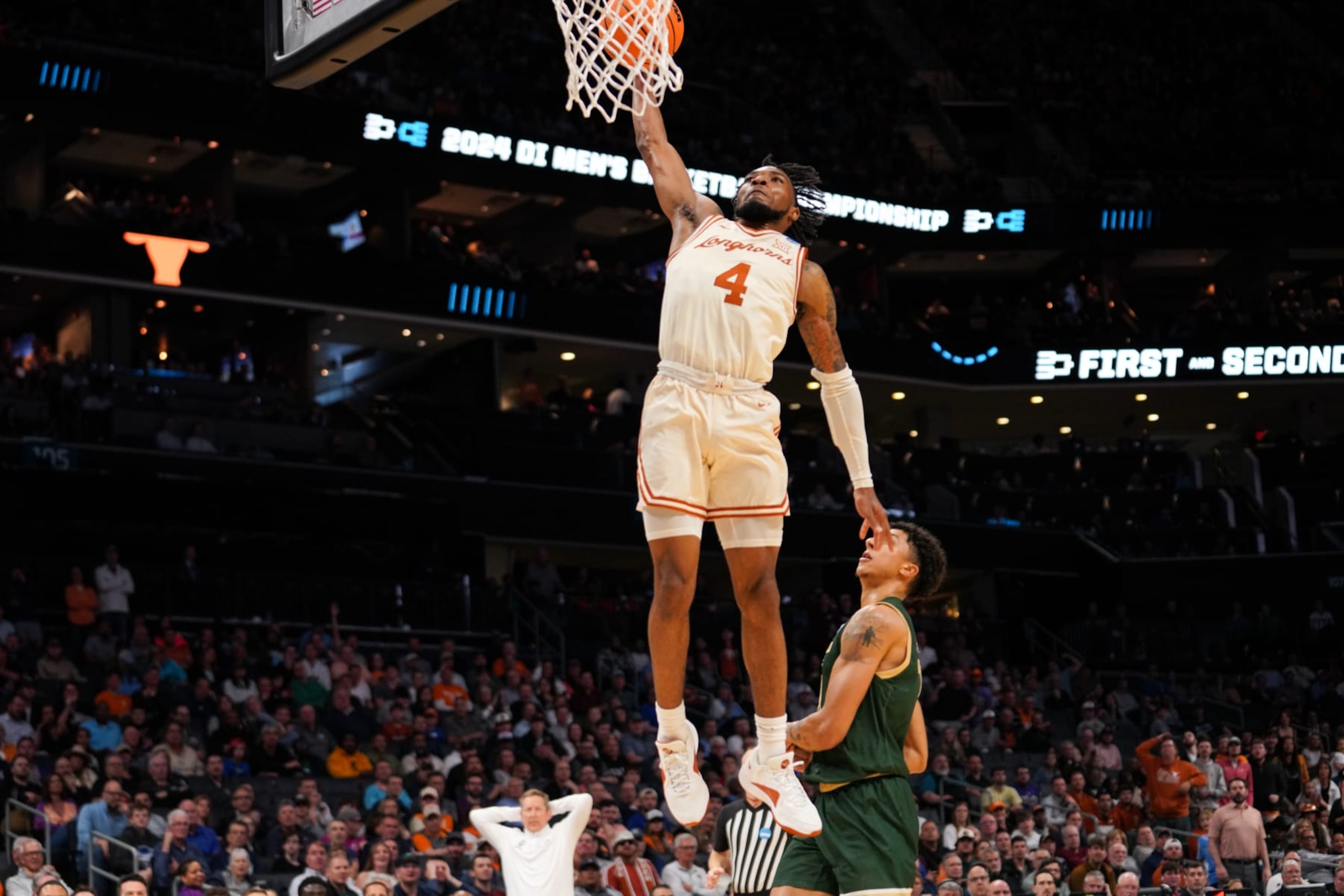 CHARLOTTE, NORTH CAROLINA - MARCH 21: Tyrese Hunter #4 of the Texas Longhorns at Spectrum Center on March 21, 2024 in Charlotte, North Carolina. (Photo by Grant Wild/The University of Texas Athletics/Getty Images) CHARLOTTE, NORTH CAROLINA - MARCH 21: Tyrese Hunter #4 of the Texas Longhorns at Spectrum Center on March 21, 2024 in Charlotte, North Carolina. (Photo by Grant Wild/The University of Texas Athletics/Getty Images)