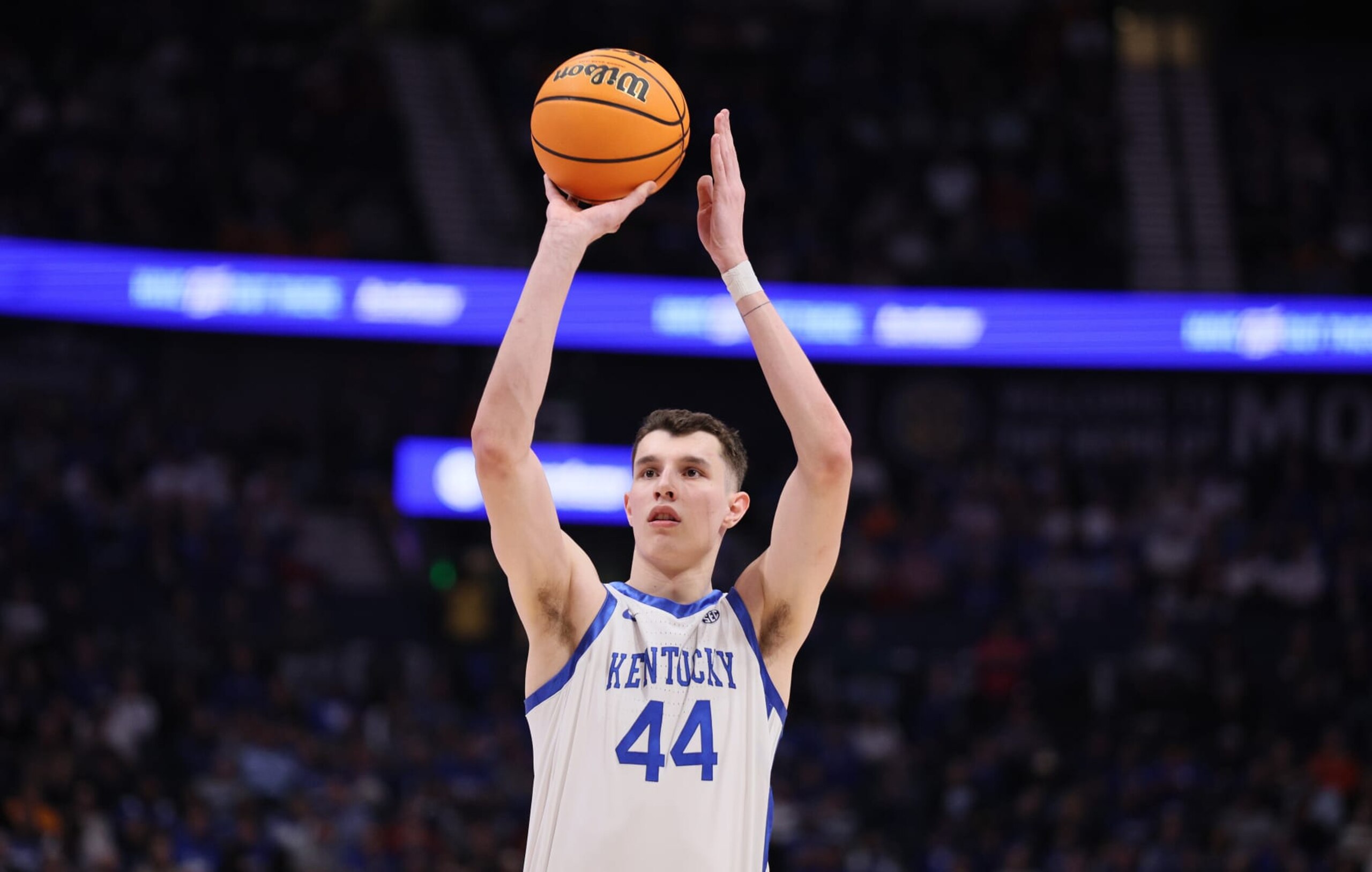 NASHVILLE, TENNESSEE - MARCH 15: Zvonimir Ivisic #44 of the Kentucky Wildcats shoots the ball against the Texas A&M Aggies during the quarterfinals of the SEC Basketball Tournament at Bridgestone Arena on March 15, 2024 in Nashville, Tennessee. (Photo by Andy Lyons/Getty Images) NASHVILLE, TENNESSEE - MARCH 15: Zvonimir Ivisic #44 of the Kentucky Wildcats shoots the ball against the Texas A&M Aggies during the quarterfinals of the SEC Basketball Tournament at Bridgestone Arena on March 15, 2024 in Nashville, Tennessee. (Photo by Andy Lyons/Getty Images)
