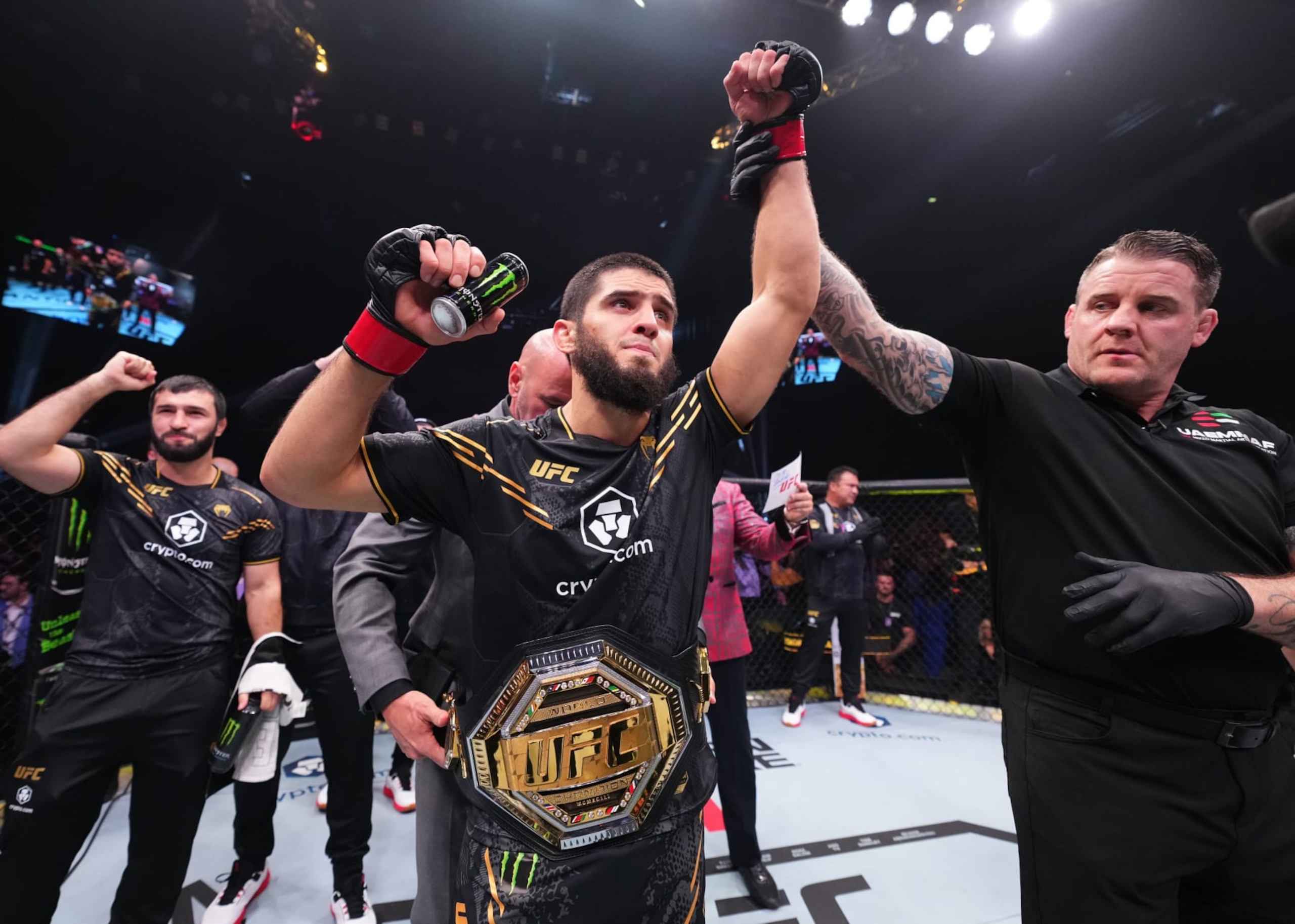 Islam Makhachev reacts after his knockout victory against Alexander Volkanovski 