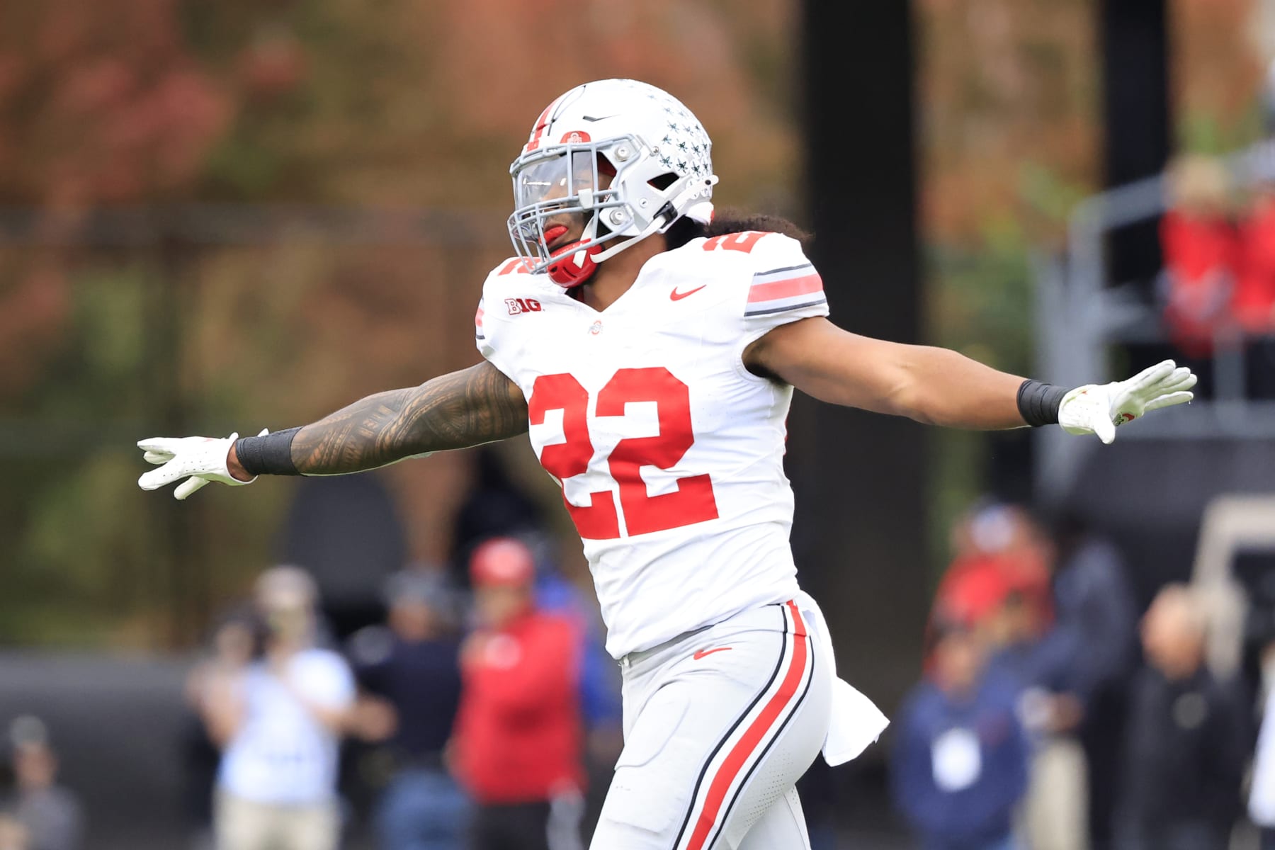 WEST LAFAYETTE, INDIANA - OCTOBER 14: Steele Chambers #22 of the Ohio State Buckeyes reacts in the game against the Purdue Boilermakers at Ross-Ade Stadium on October 14, 2023 in West Lafayette, Indiana. (Photo by Justin Casterline/Getty Images)