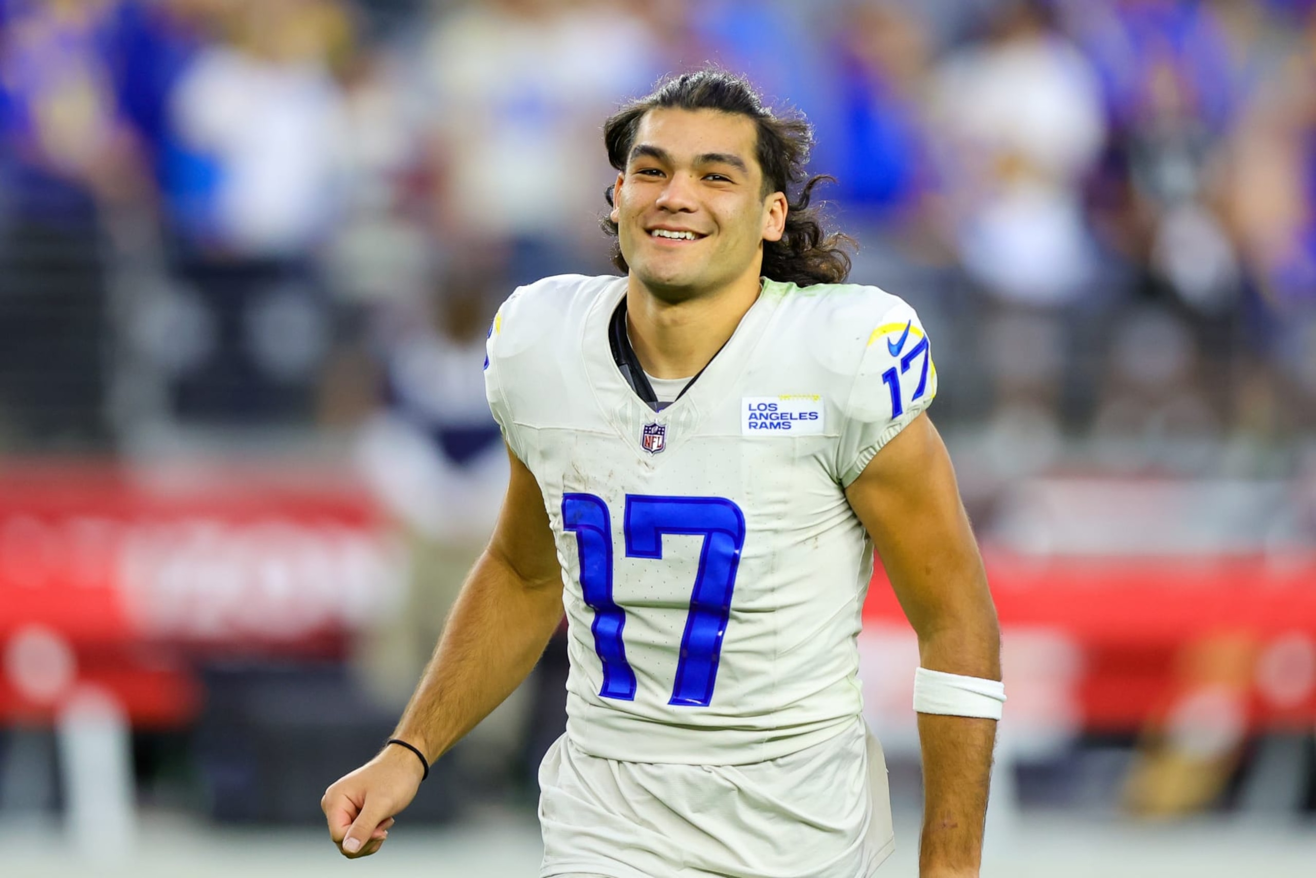 GLENDALE, AZ - NOVEMBER 26: Los Angeles Rams wide receiver Puka Nacua (17) runs off of field after an NFL game between the Los Angeles Rams and the Arizona Cardinals on November 26, 2023, at State Farm Stadium in Glendale, AZ. (Photo by Jordon Kelly/Icon Sportswire via Getty Images) GLENDALE, AZ - NOVEMBER 26: Los Angeles Rams wide receiver Puka Nacua (17) runs off of field after an NFL game between the Los Angeles Rams and the Arizona Cardinals on November 26, 2023, at State Farm Stadium in Glendale, AZ. (Photo by Jordon Kelly/Icon Sportswire via Getty Images)