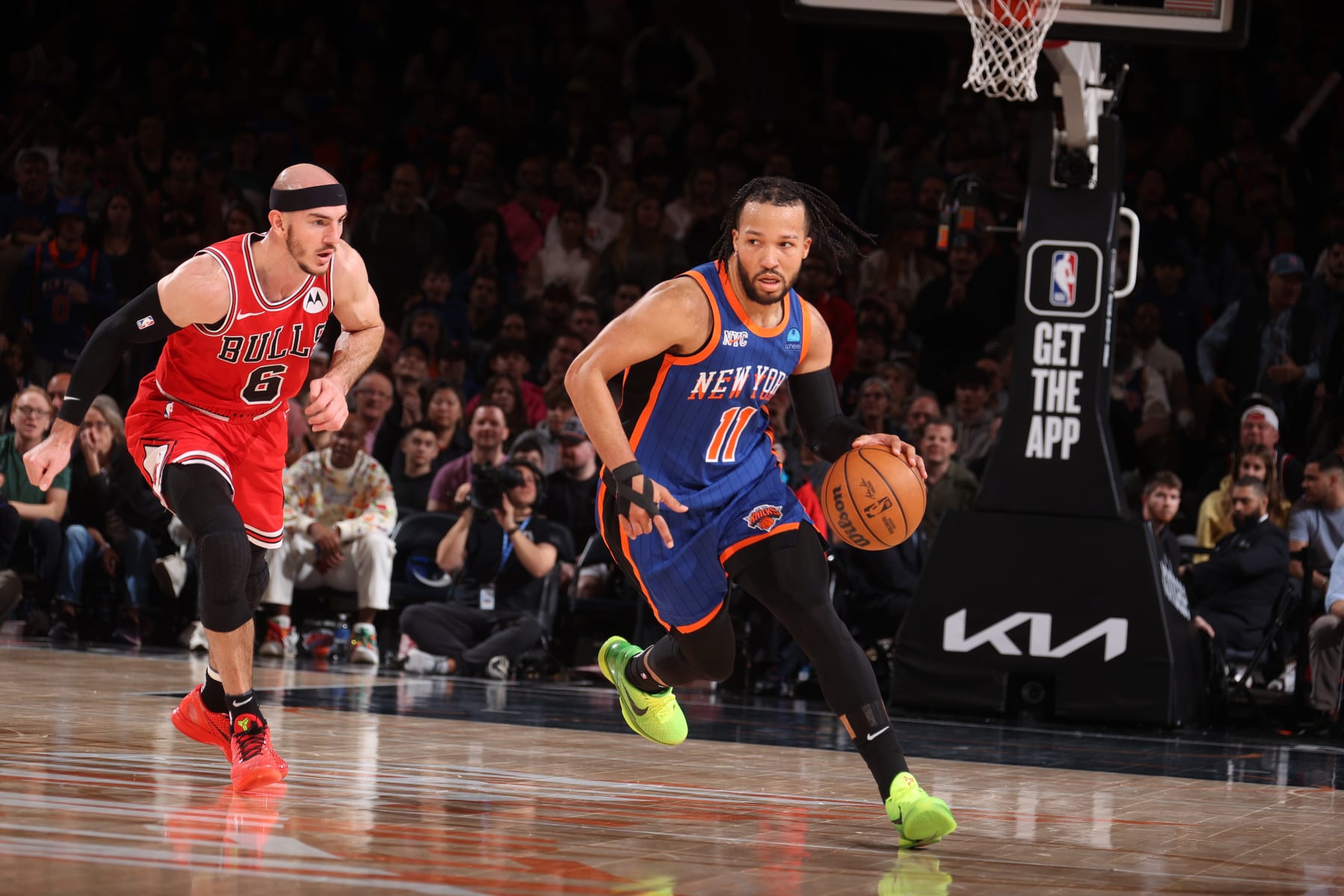 NEW YORK, NY - APRIL 14: Jalen Brunson #11 of the New York Knicks dribbles the ball during the game against the Chicago Bulls  on April 14, 2024 at Madison Square Garden in New York City, New York.  NOTE TO USER: User expressly acknowledges and agrees that, by downloading and or using this photograph, User is consenting to the terms and conditions of the Getty Images License Agreement. Mandatory Copyright Notice: Copyright 2024 NBAE  (Photo by Nathaniel S. Butler/NBAE via Getty Images)