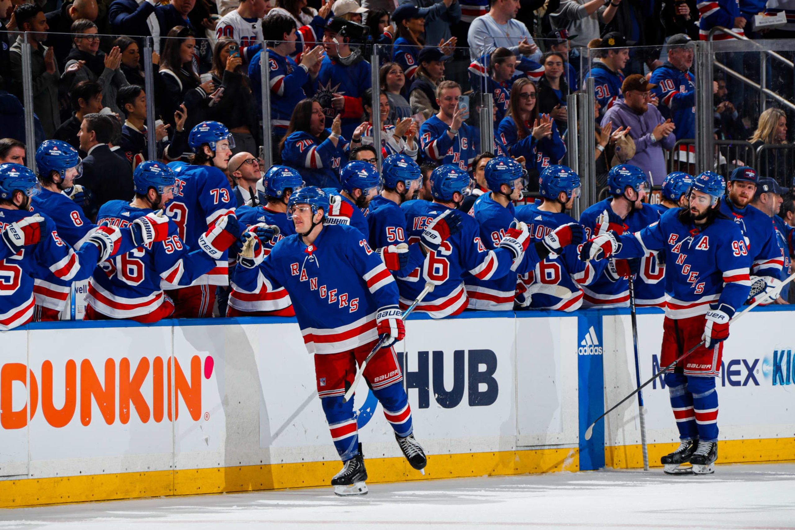 NEW YORK, NEW YORK - APRIL 15:  Adam Fox #23 of the New York Rangers celebrates with teammates after scoring a goal in the second period against the Ottawa Senators at Madison Square Garden on April 15, 2024 in New York City. (Photo by Jared Silber/NHLI via Getty Images)