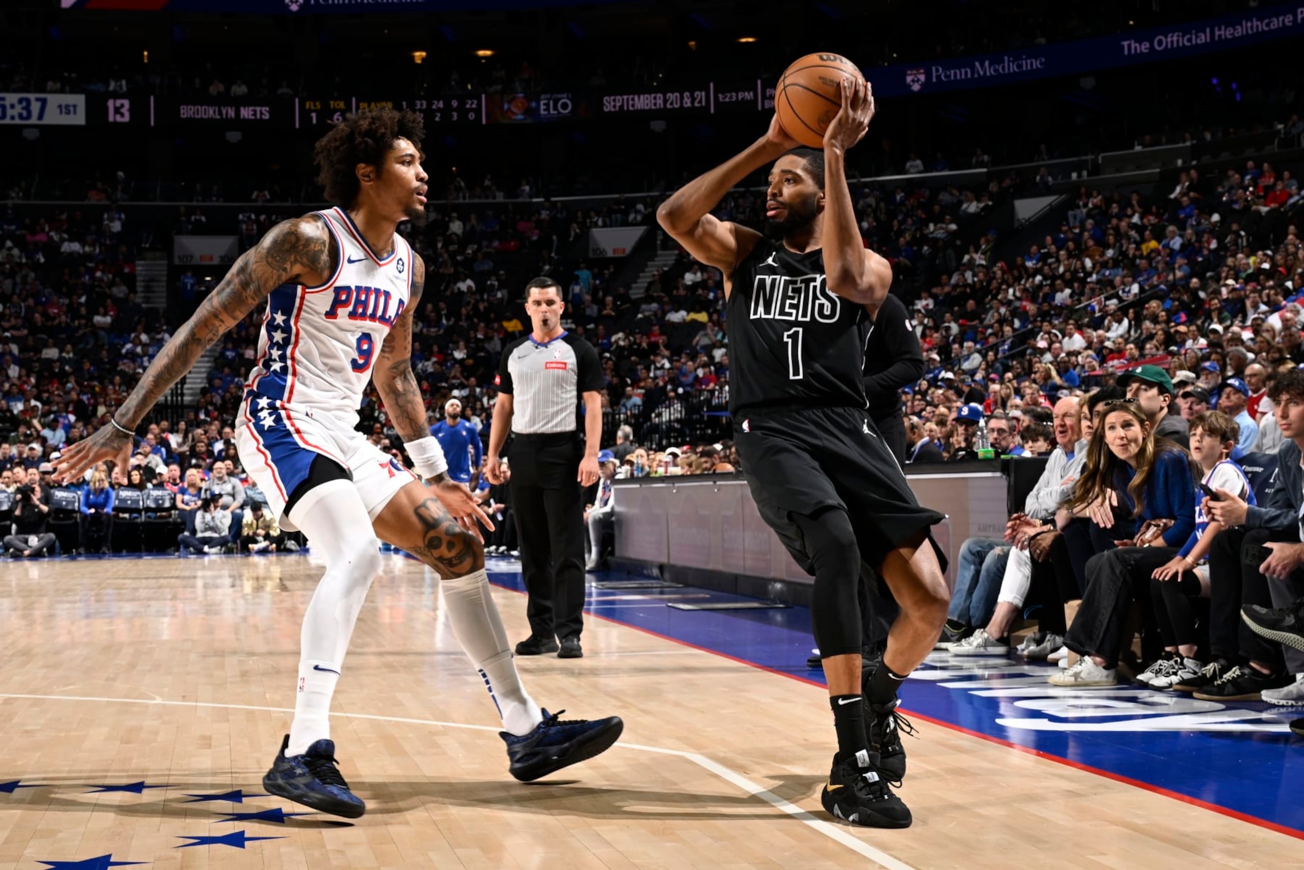PHILADELPHIA, PA - APRIL 14: Mikal Bridges #1 of the Brooklyn Nets passes the ball during the game against the Philadelphia 76ers on April 14, 2024 at the Wells Fargo Center in Philadelphia, Pennsylvania NOTE TO USER: User expressly acknowledges and agrees that, by downloading and/or using this Photograph, user is consenting to the terms and conditions of the Getty Images License Agreement. Mandatory Copyright Notice: Copyright 2024 NBAE (Photo by David Dow/NBAE via Getty Images)