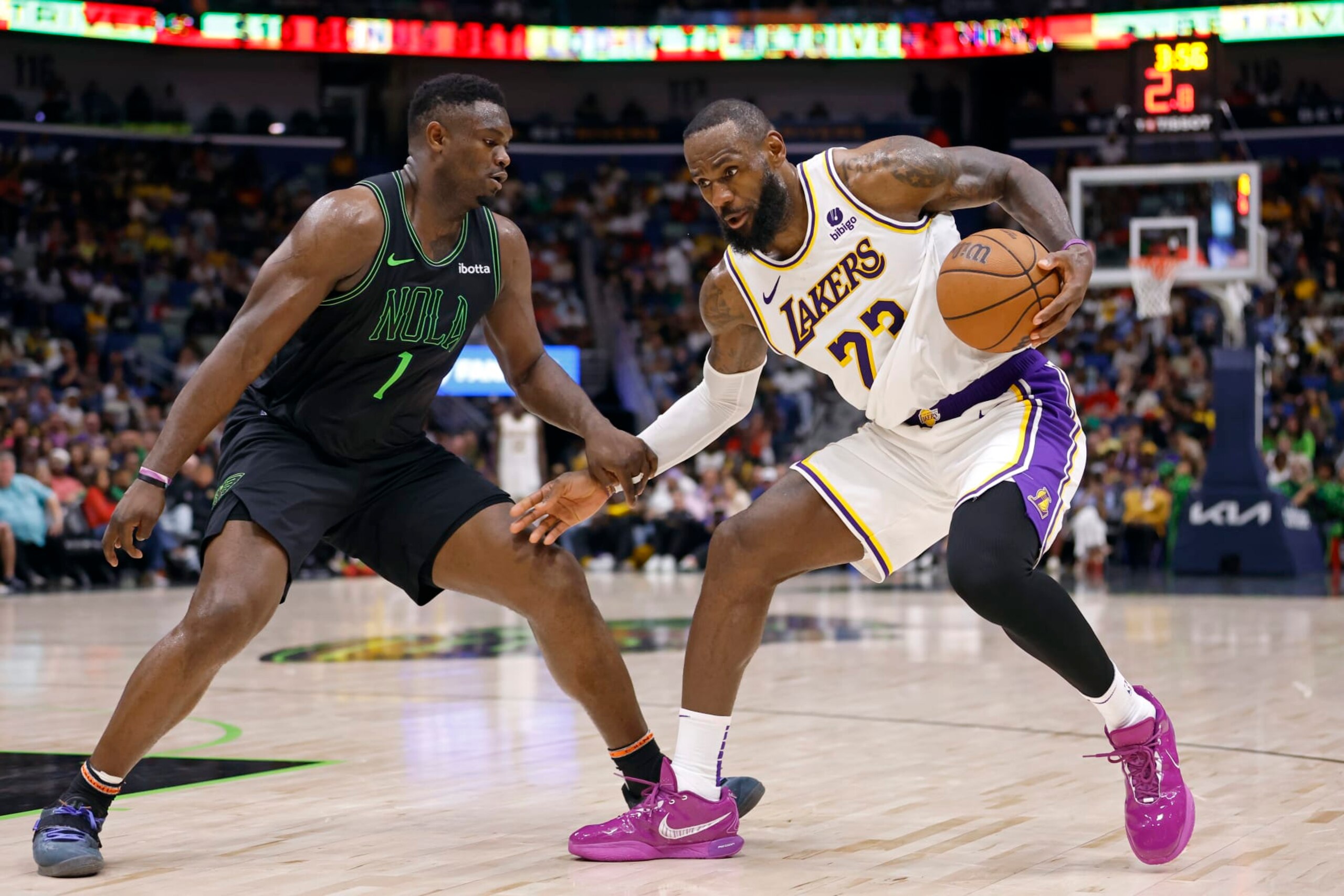 NEW ORLEANS, LOUISIANA - APRIL 14: Zion Williamson #1 of the New Orleans Pelicans defends against LeBron James #23 of the Los Angeles Lakers at Smoothie King Center on April 14, 2024 in New Orleans, Louisiana. NOTE TO USER: User expressly acknowledges and agrees that, by downloading and or using this photograph, User is consenting to the terms and conditions of the Getty Images License Agreement. (Photo by Tyler Kaufman/Getty Images) NEW ORLEANS, LOUISIANA - APRIL 14: Zion Williamson #1 of the New Orleans Pelicans defends against LeBron James #23 of the Los Angeles Lakers at Smoothie King Center on April 14, 2024 in New Orleans, Louisiana. NOTE TO USER: User expressly acknowledges and agrees that, by downloading and or using this photograph, User is consenting to the terms and conditions of the Getty Images License Agreement. (Photo by Tyler Kaufman/Getty Images)