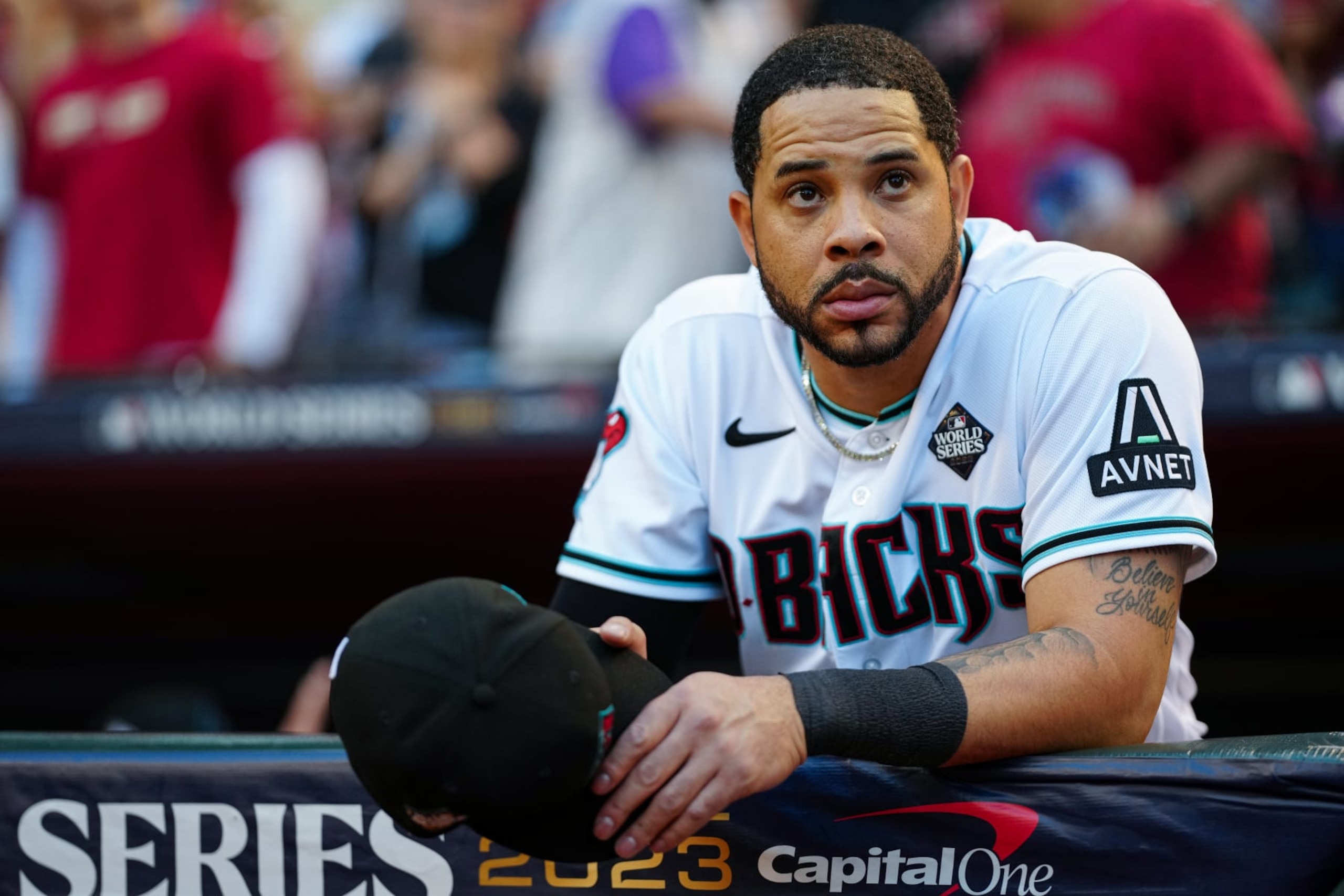 PHOENIX, AZ - NOVEMBER 01: Tommy Pham #28 of the Arizona Diamondbacks look on during Game 5 of the 2023 World Series between the Texas Rangers and the Arizona Diamondbacks at Chase Field on Wednesday, November 1, 2023 in Phoenix, Arizona. (Photo by Daniel Shirey/MLB Photos via Getty Images)