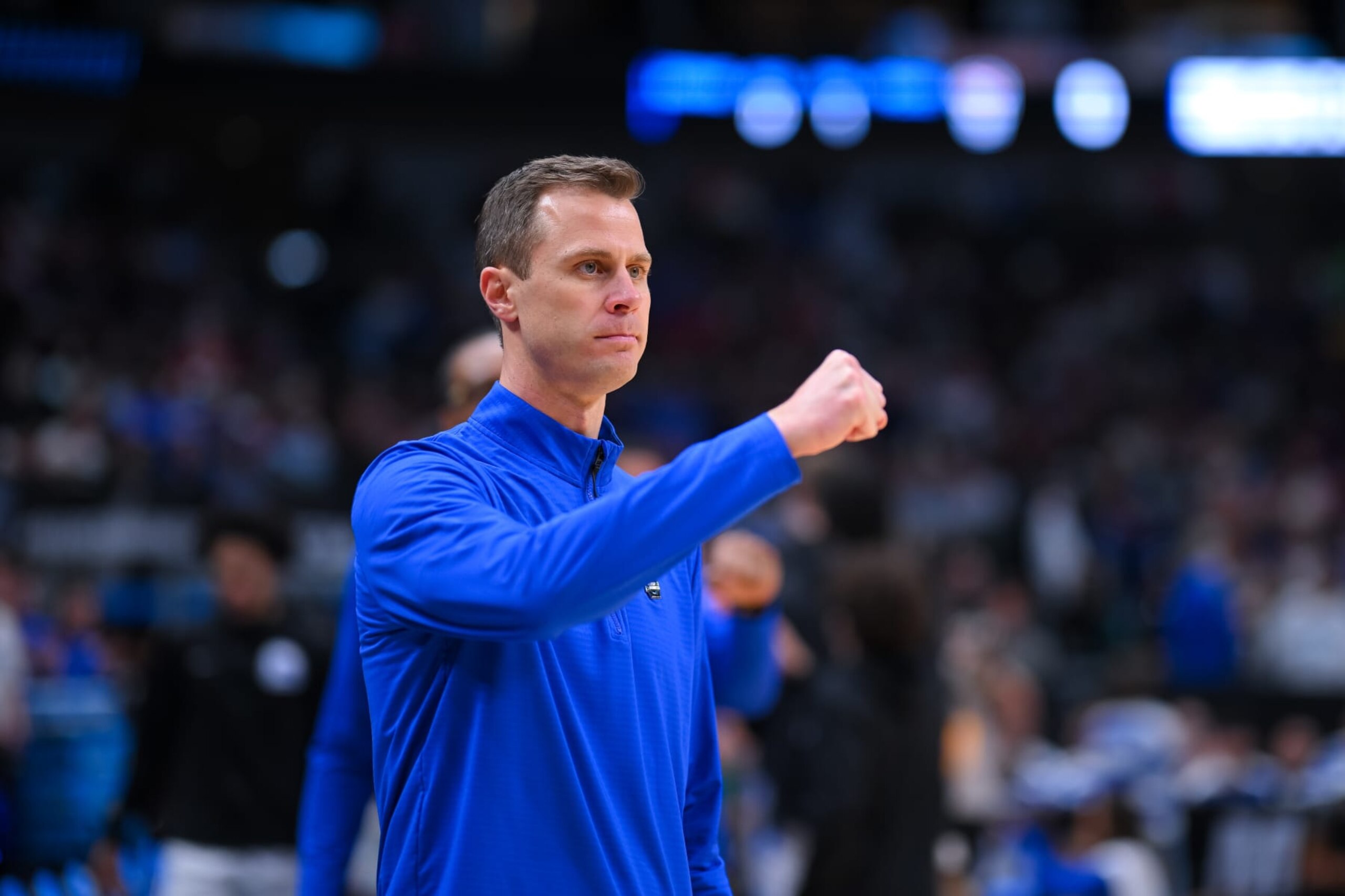DALLAS, TEXAS - MARCH 31: Head coach Jon Scheyer of the Duke Blue Devils looks on during the Elite Eight round of the 2024 NCAA Men's Basketball Tournament held at American Airlines Center on March 31, 2024 in Dallas, Texas. (Photo by Andy Hancock/NCAA Photos/NCAA Photos via Getty Images)