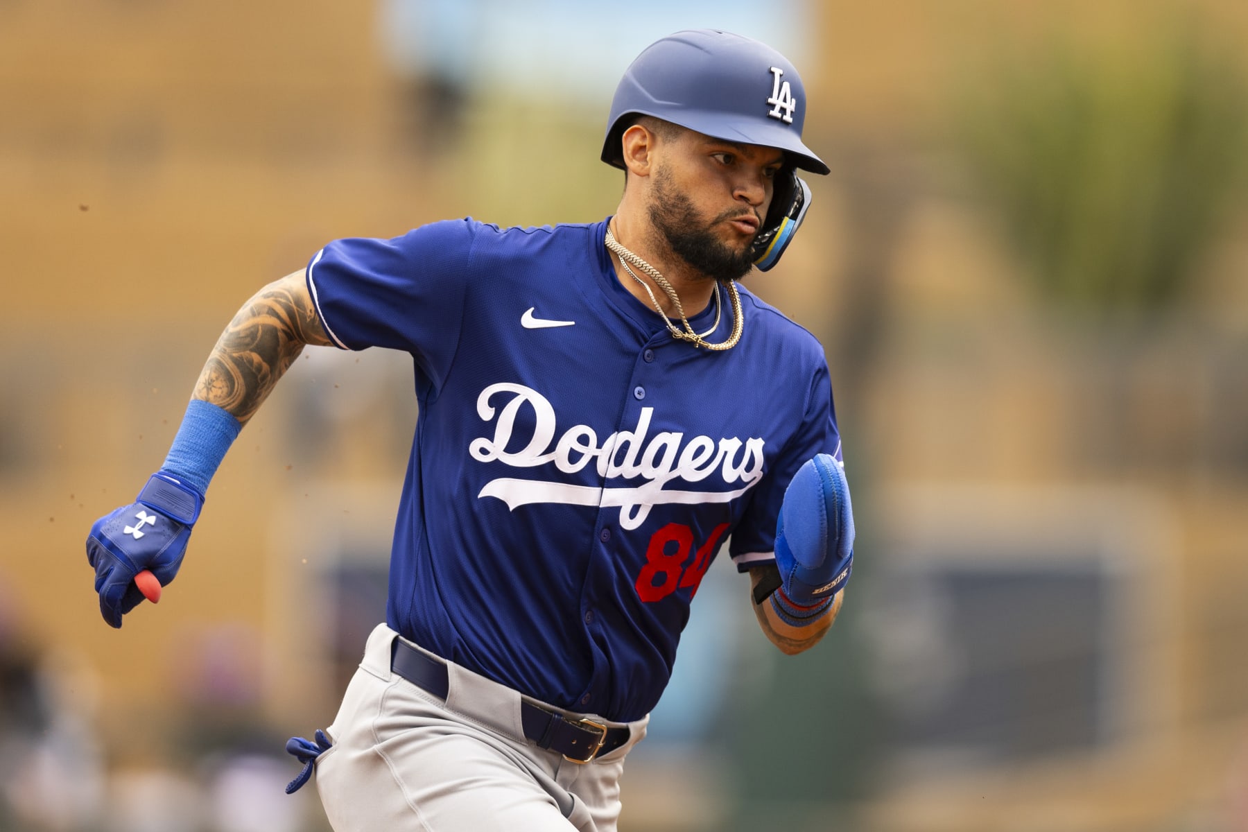 TALKING STICK,  - FEBRUARY 26: Andy Pages #84 of the Los Angeles Dodgers runs to third base during the 2024 Spring Training Game between Los Angeles Dodgers and Colorado Rockies  at Salt River Fields on Monday, February 26, 2024 in Talking Stick, Arizona . (Photo by Adam Glanzman/MLB Photos via Getty Images)