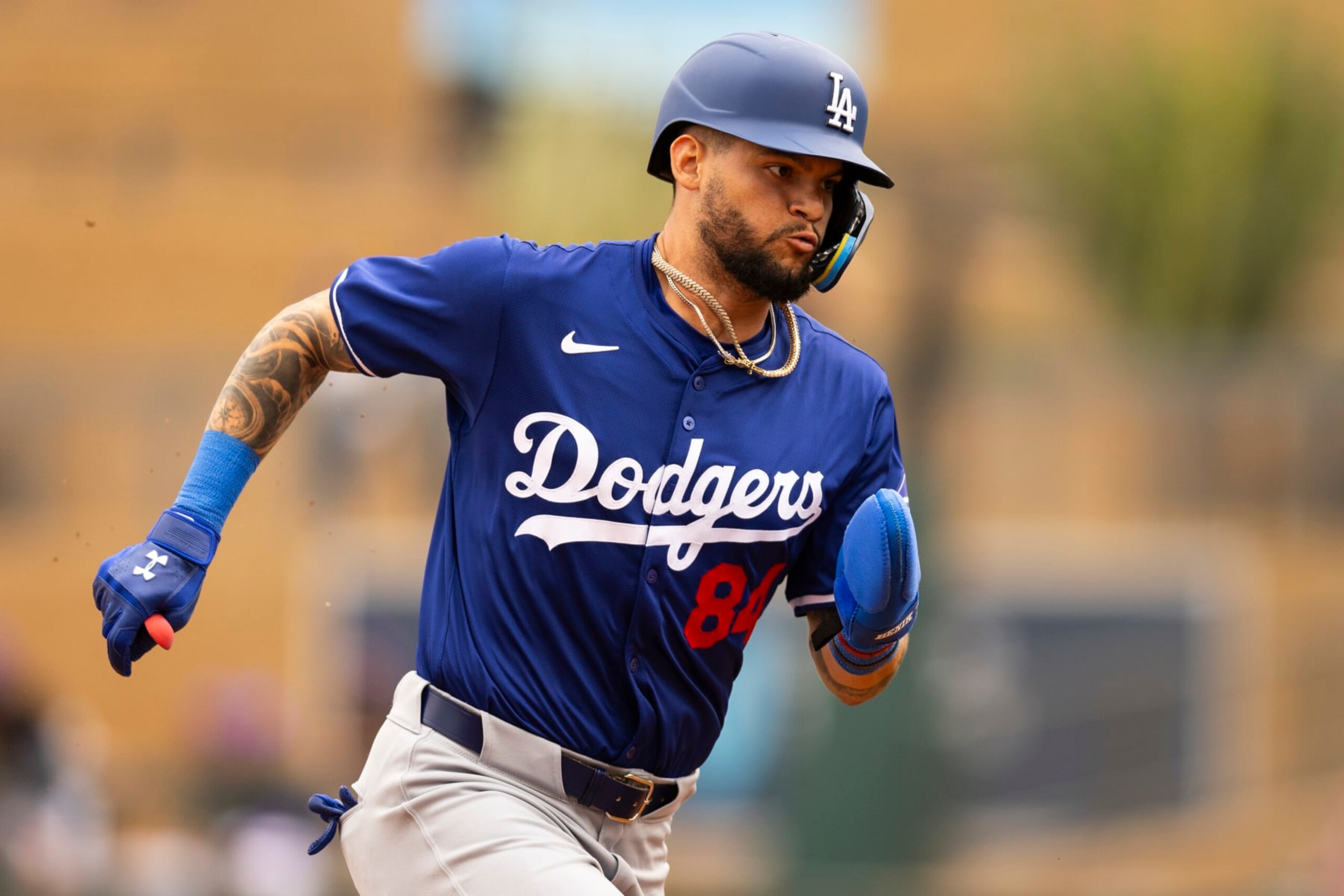 TALKING STICK,  - FEBRUARY 26: Andy Pages #84 of the Los Angeles Dodgers runs to third base during the 2024 Spring Training Game between Los Angeles Dodgers and Colorado Rockies  at Salt River Fields on Monday, February 26, 2024 in Talking Stick, Arizona . (Photo by Adam Glanzman/MLB Photos via Getty Images)