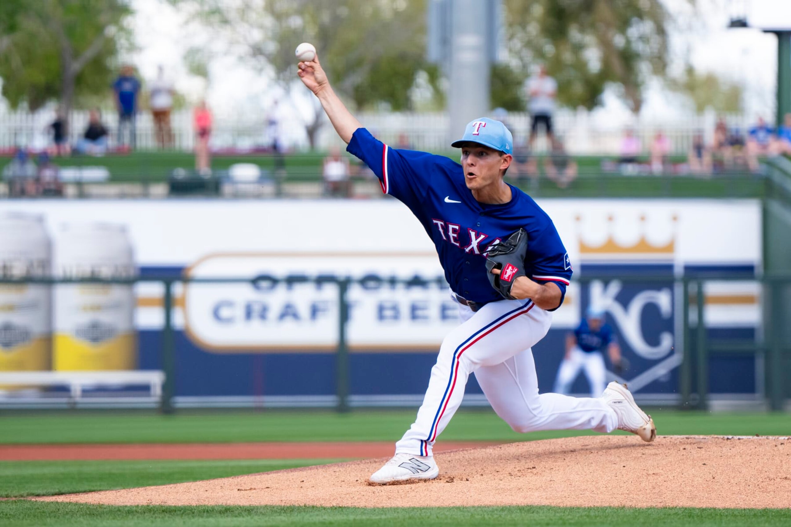 SURPRISE, AZ - MARCH 08: Jack Leiter #71 of the Texas Rangers pitches during a spring training game against the Kansas City Royals at Surprise Stadium on March 08, 2024 in Surprise, Arizona. (Photo by Bailey Orr/Texas Rangers/Getty Images)